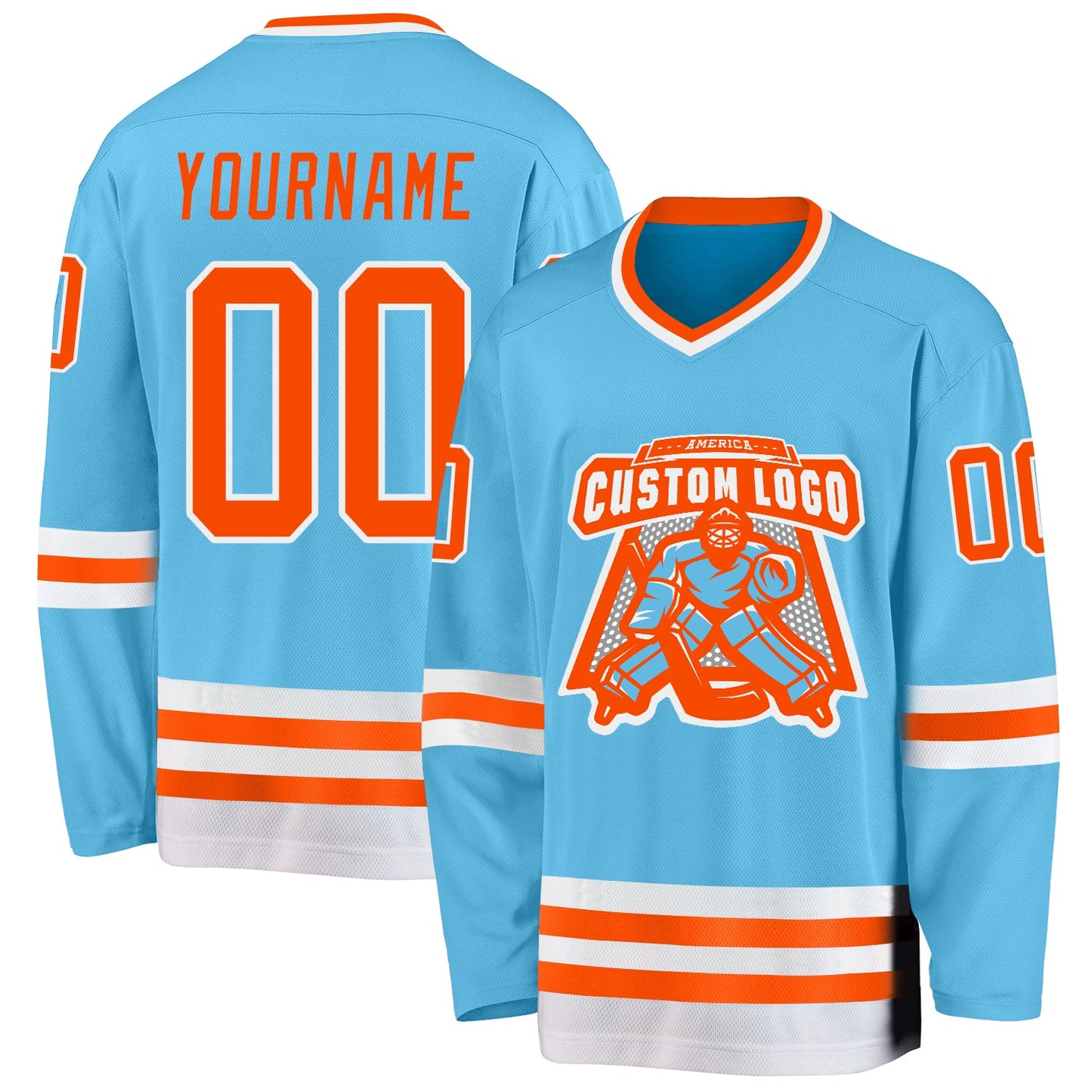 Custom Sky Blue Orange-White Hockey Jersey view 2