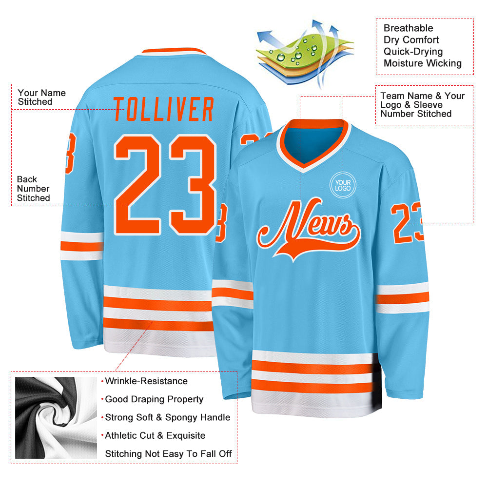 Custom Sky Blue Orange-White Hockey Jersey view 3