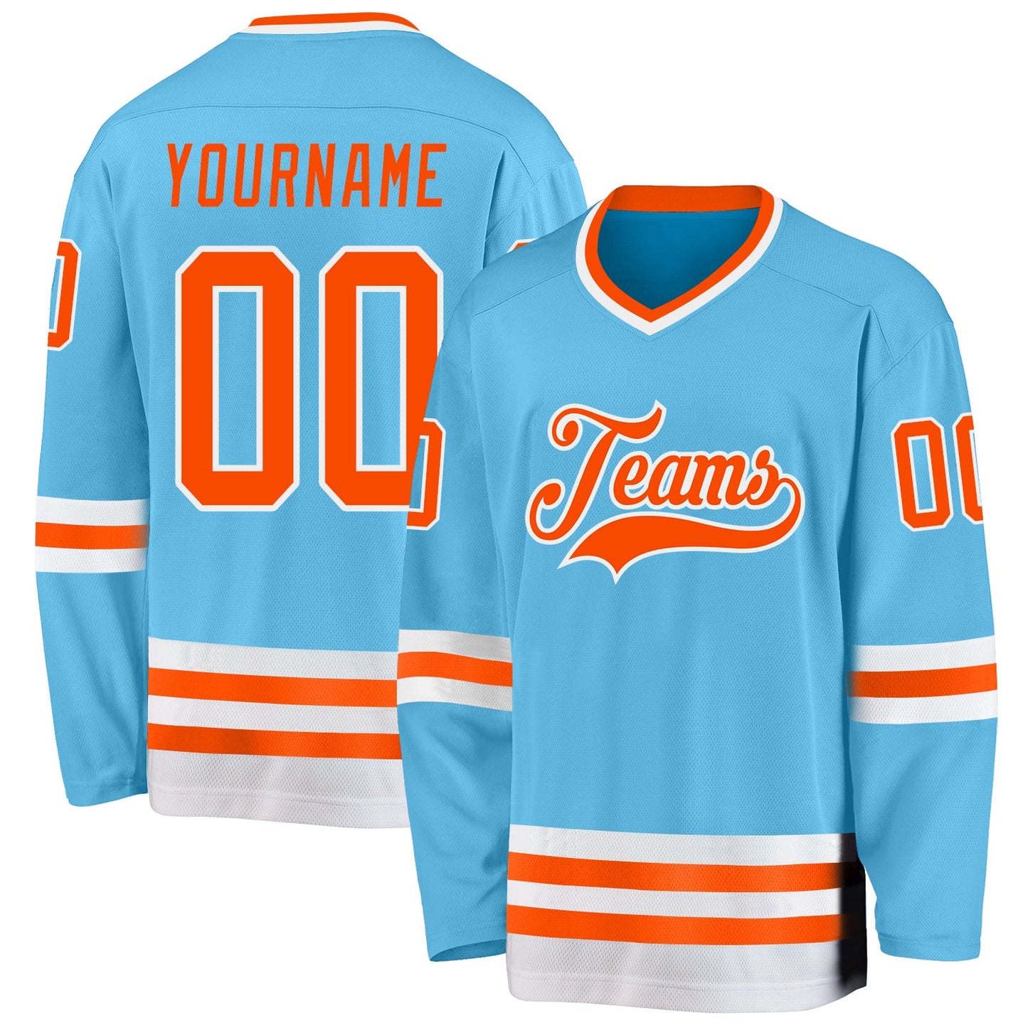 Custom Sky Blue Orange-White Hockey Jersey - Main View
