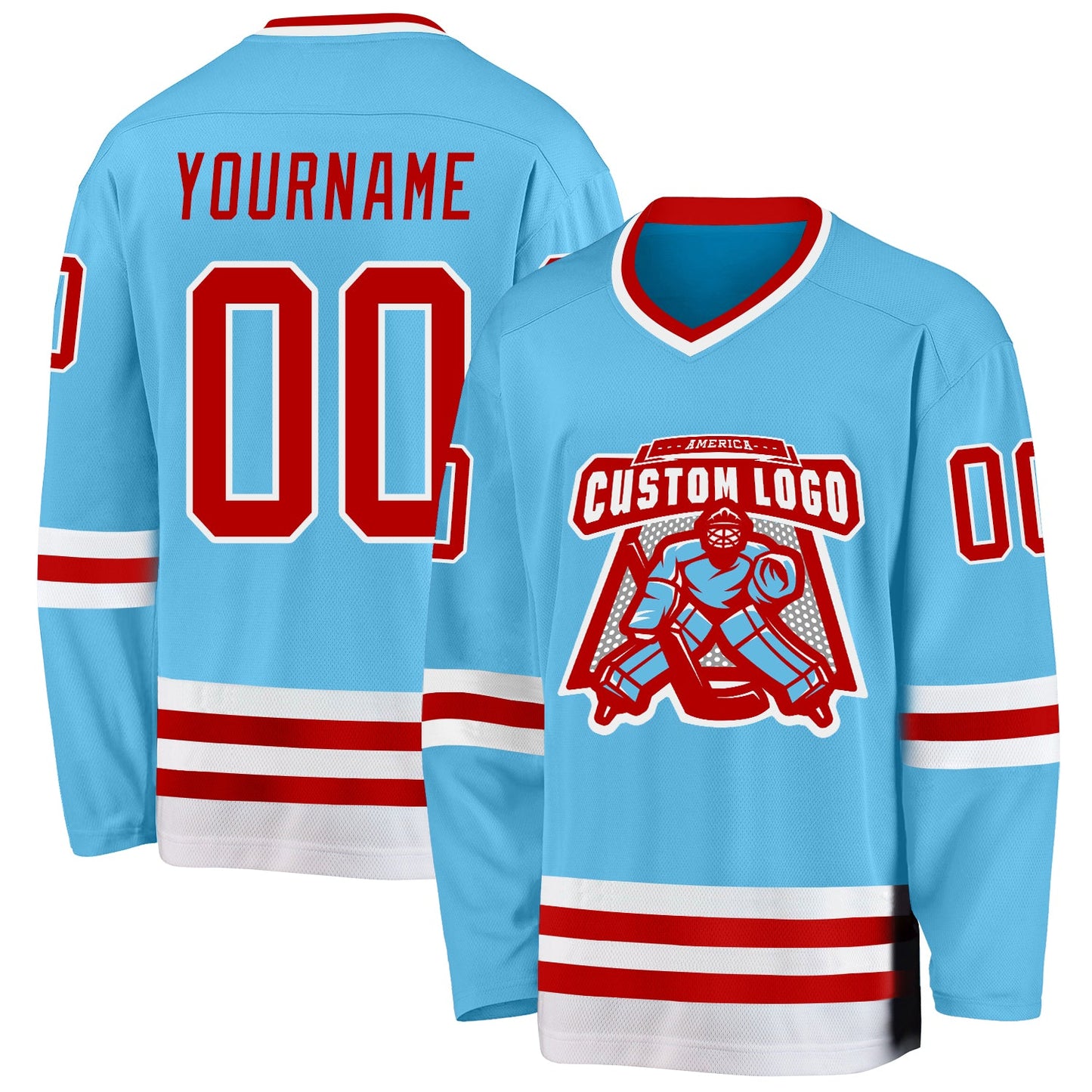 Custom Sky Blue Red-White Hockey Jersey view 2