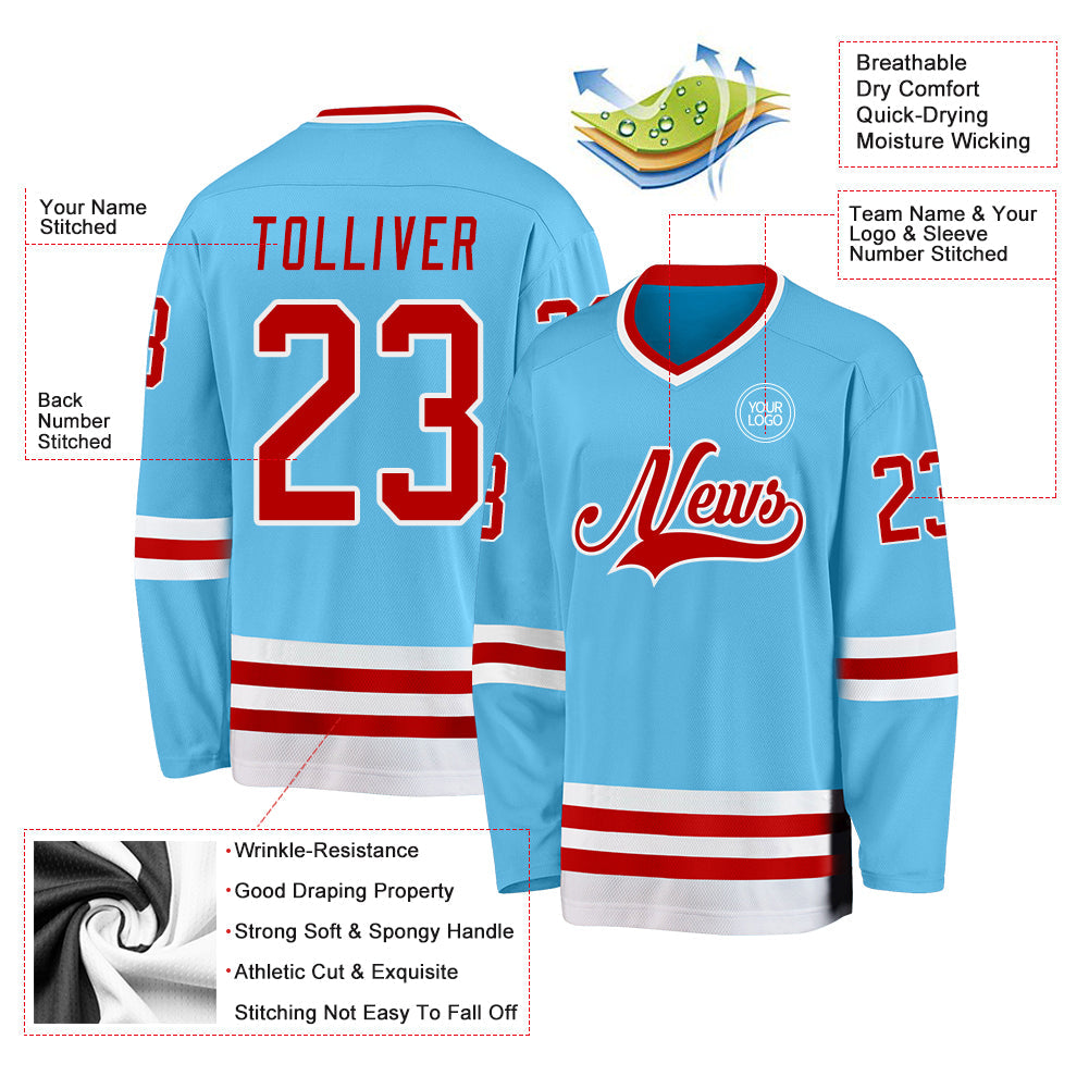 Custom Sky Blue Red-White Hockey Jersey view 3
