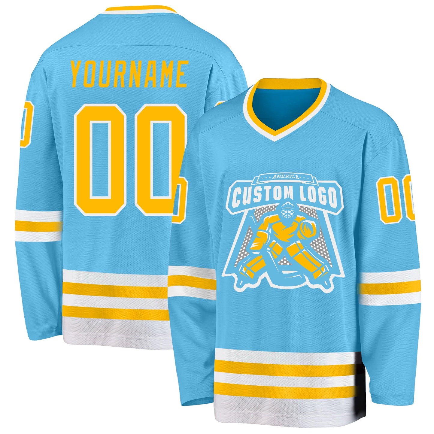 Custom Sky Blue Gold-White Hockey Jersey view 2
