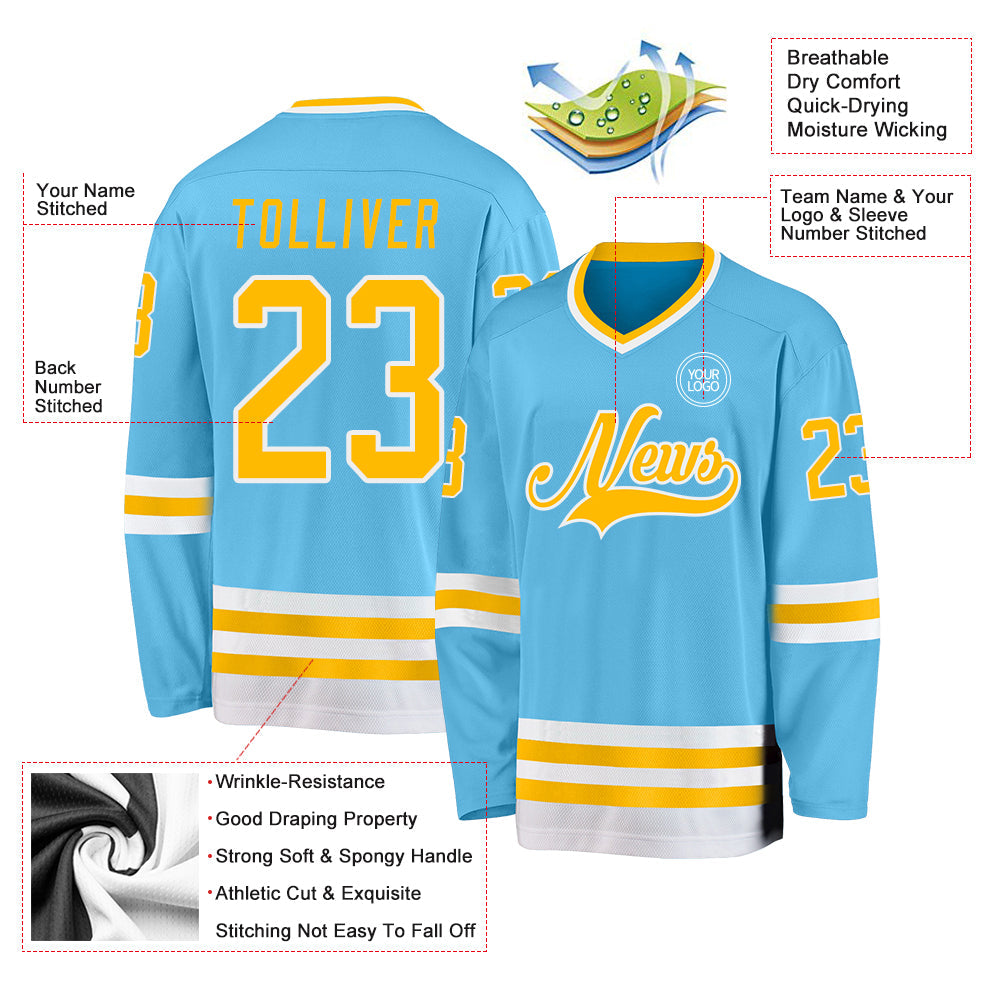 Custom Sky Blue Gold-White Hockey Jersey view 3