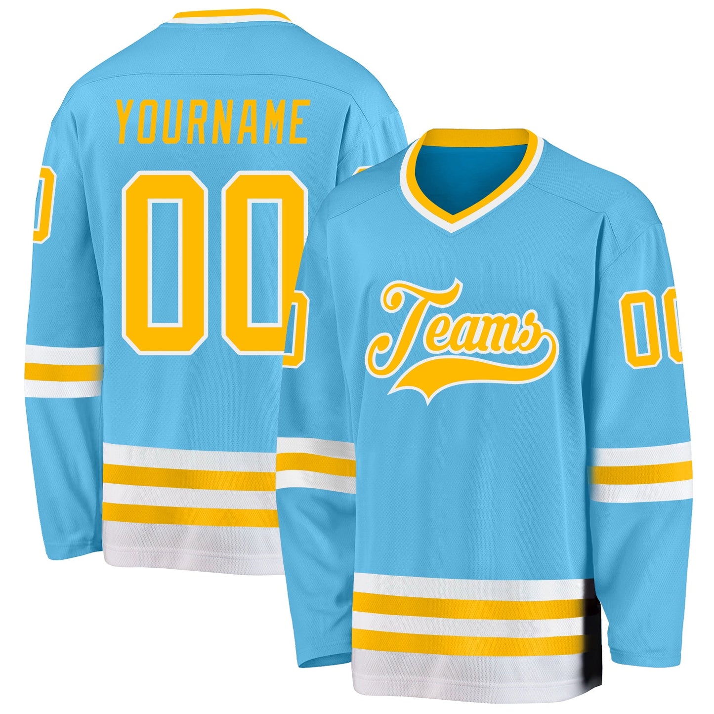 Custom Sky Blue Gold-White Hockey Jersey - Main View