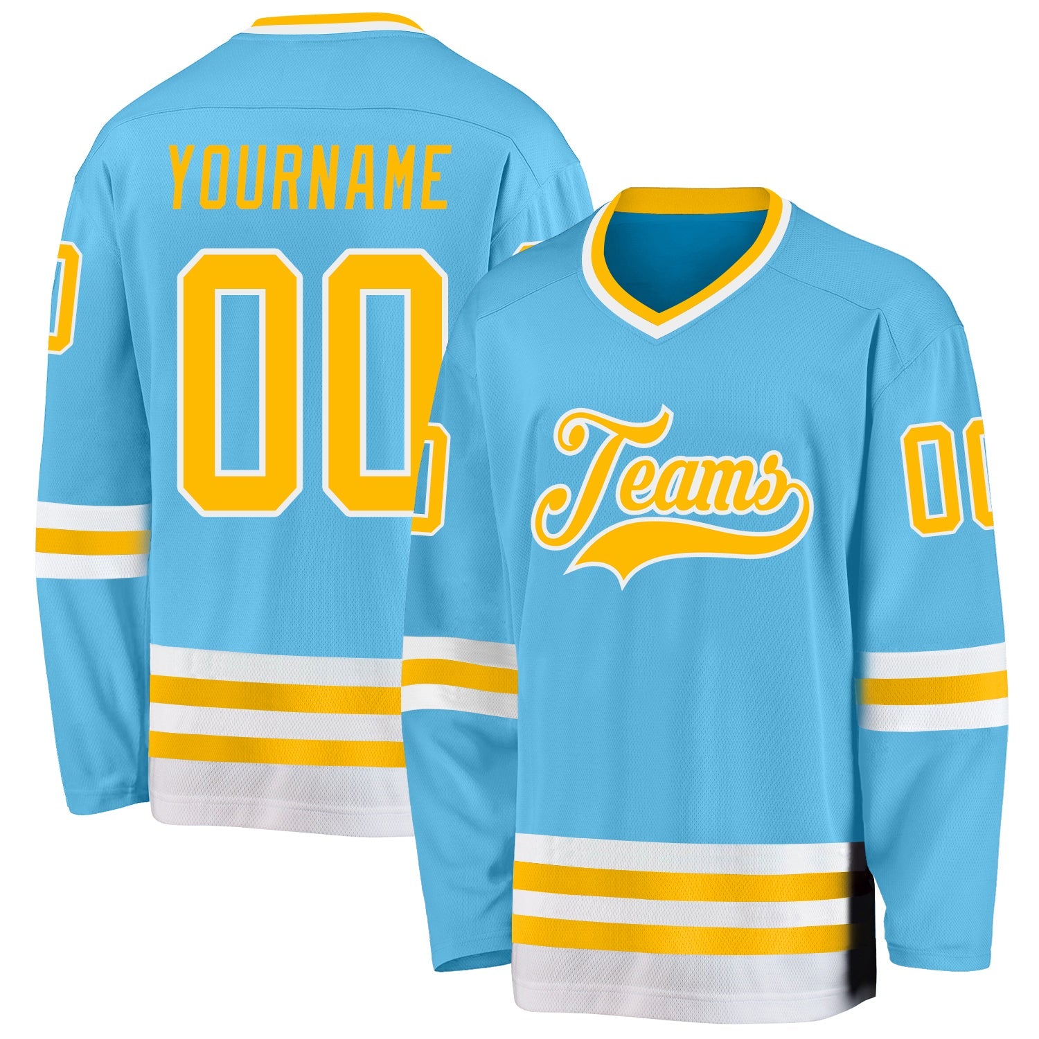 Custom Sky Blue Gold-White Hockey Jersey - Main View