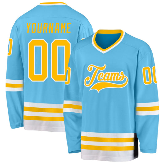 Custom Sky Blue Gold-White Hockey Jersey - Main View