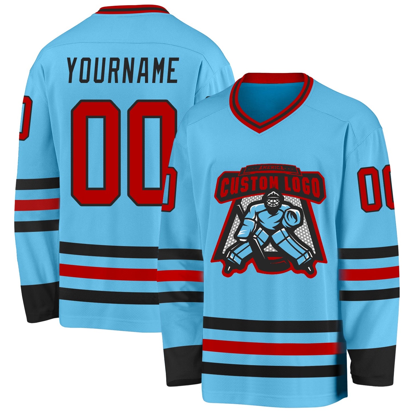 Custom Sky Blue Red-Black Hockey Jersey view 2
