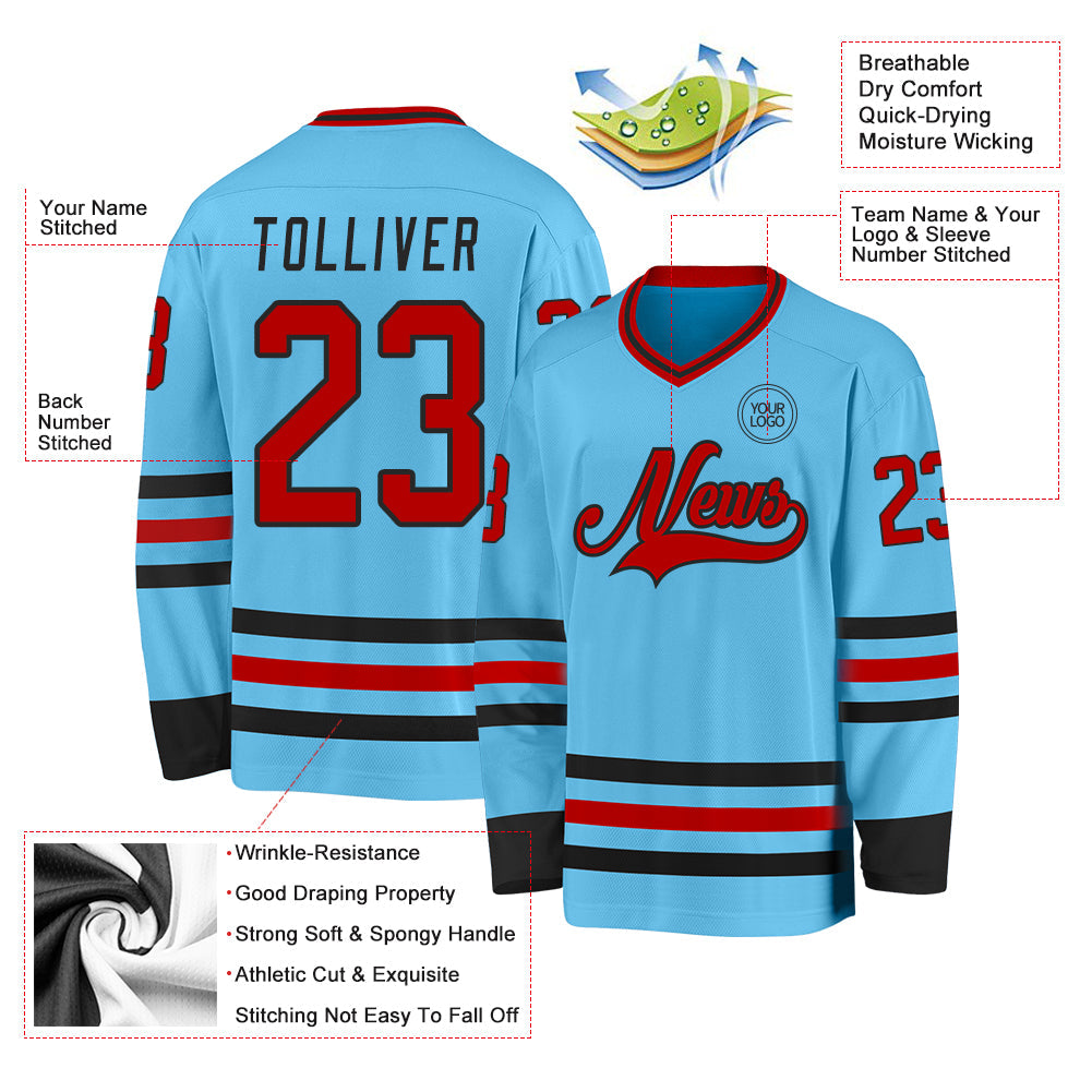Custom Sky Blue Red-Black Hockey Jersey view 3