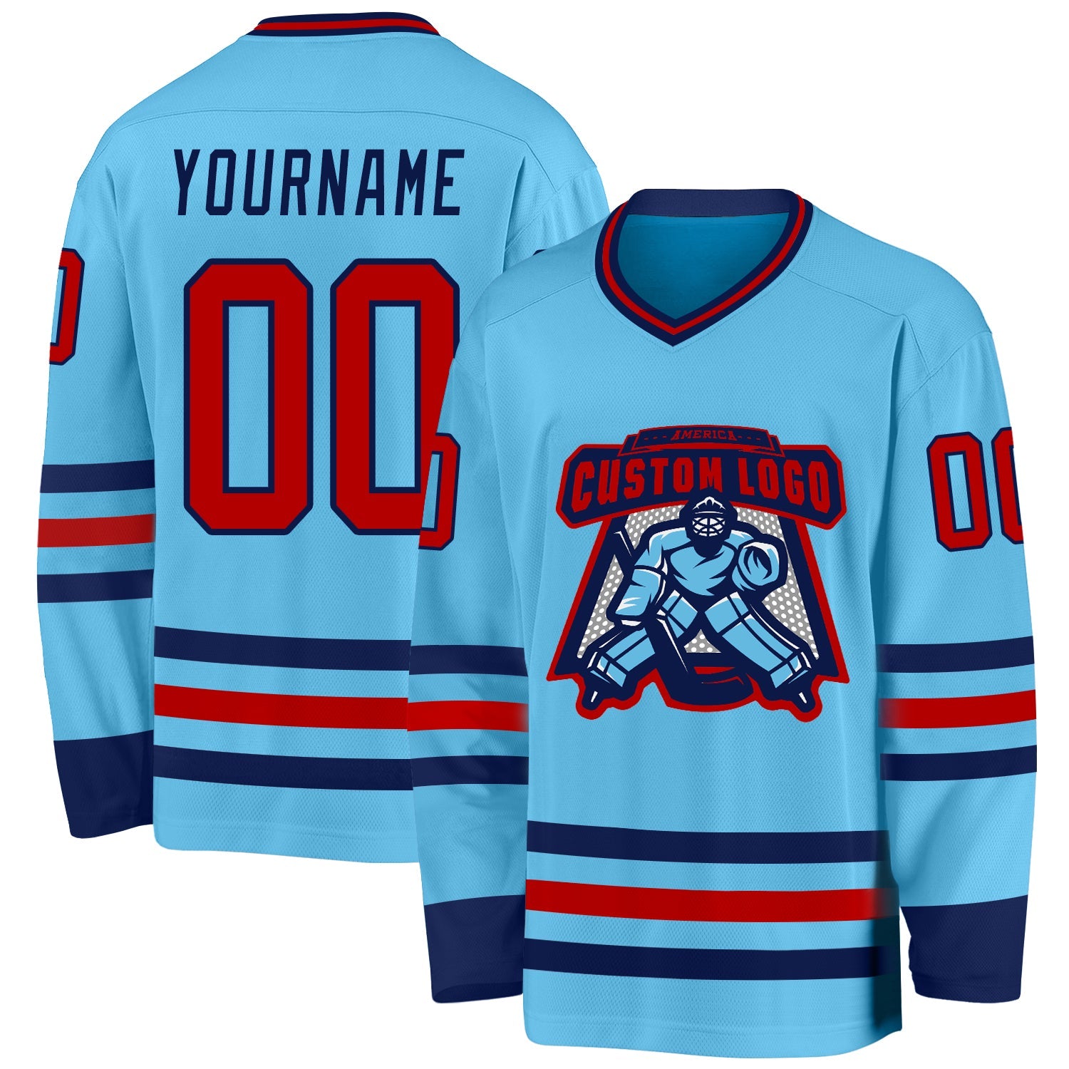 Custom Sky Blue Red-Navy Hockey Jersey view 2