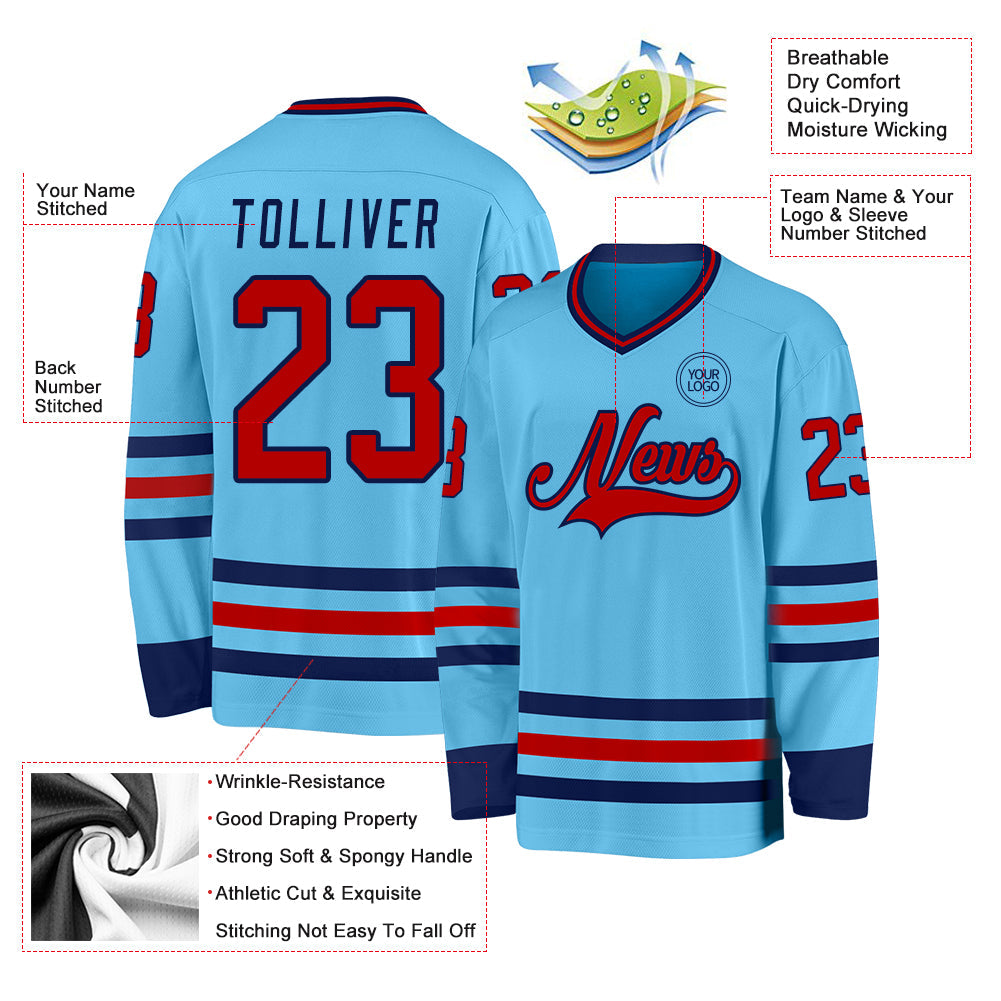 Custom Sky Blue Red-Navy Hockey Jersey view 3