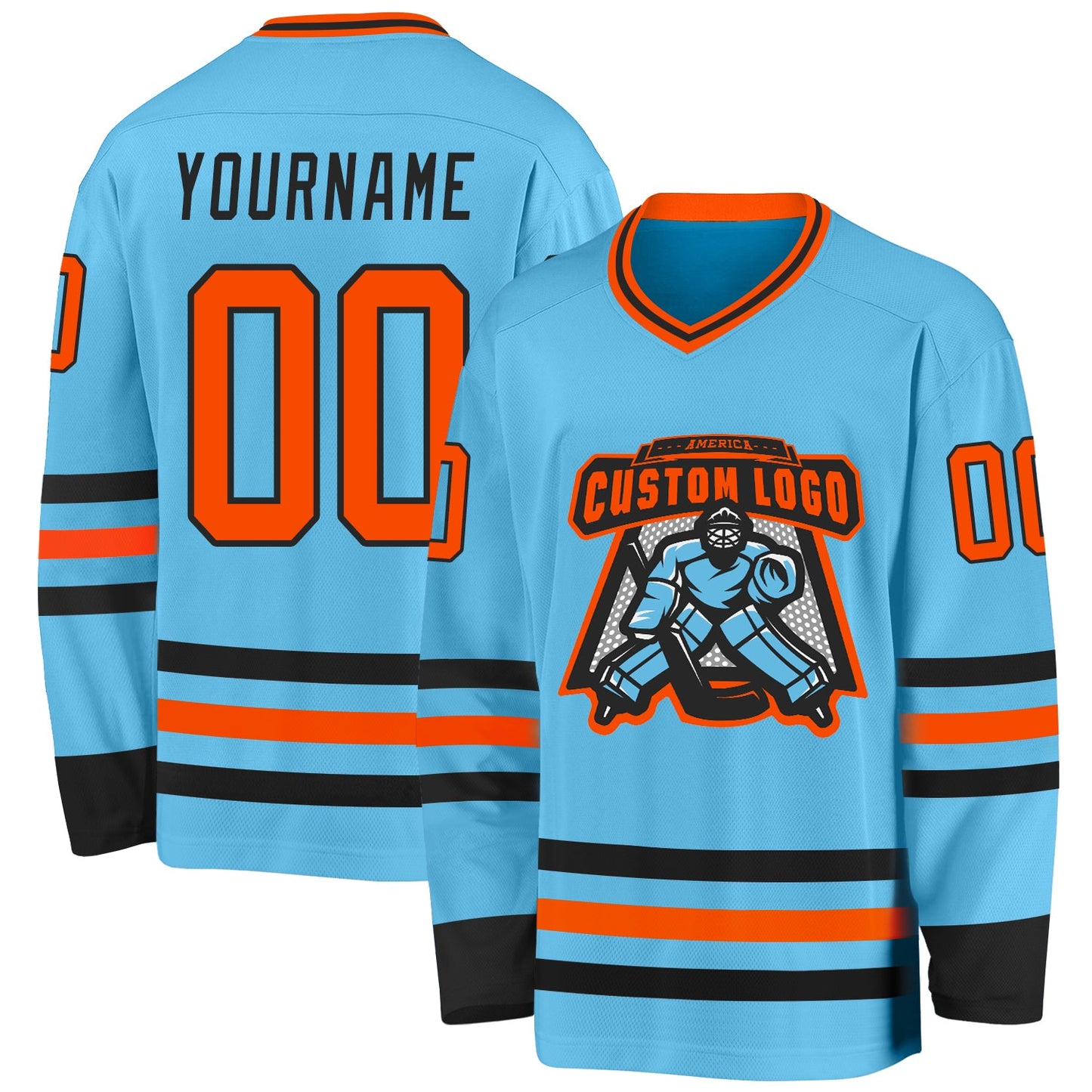 Custom Sky Blue Orange-Black Hockey Jersey view 2