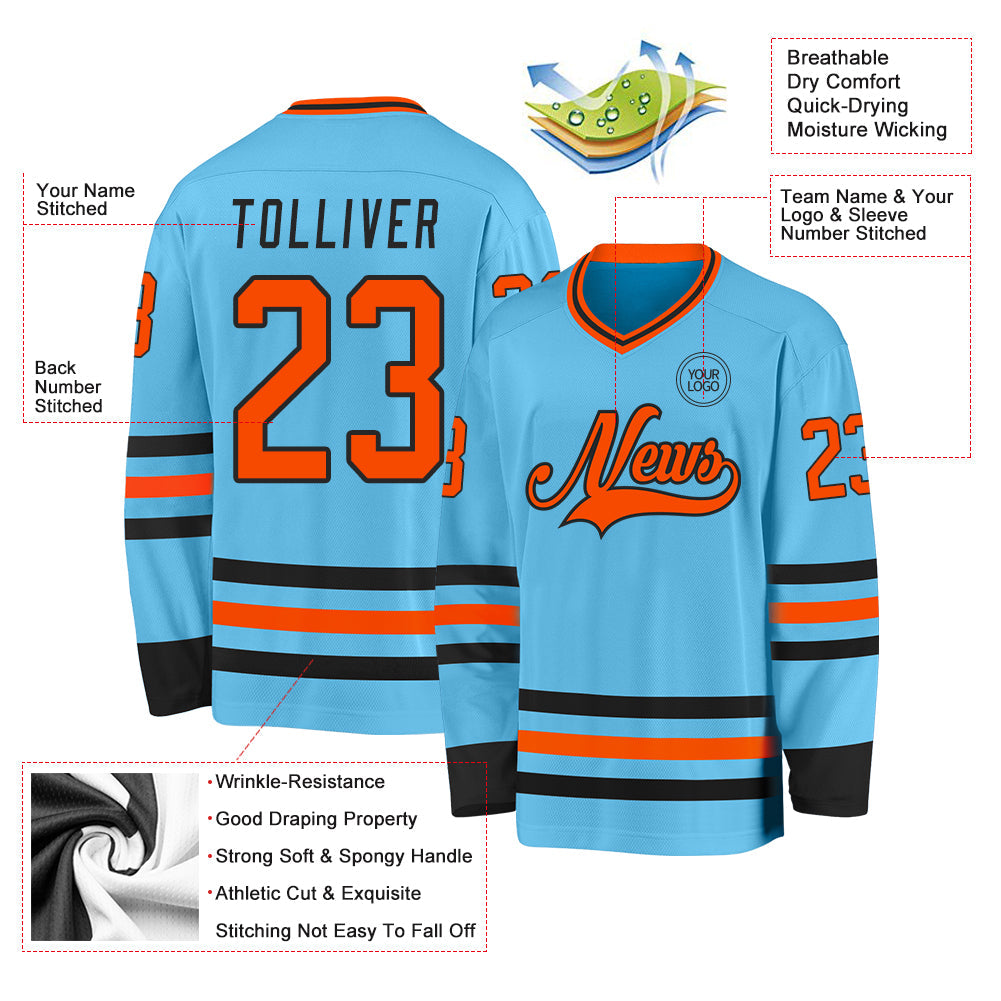 Custom Sky Blue Orange-Black Hockey Jersey view 3