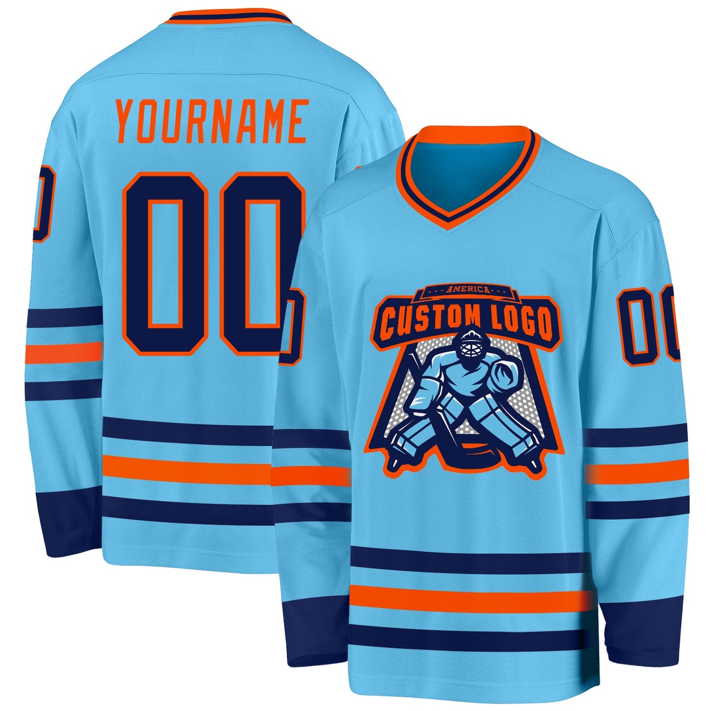 Custom Sky Blue Navy-Orange Hockey Jersey view 2