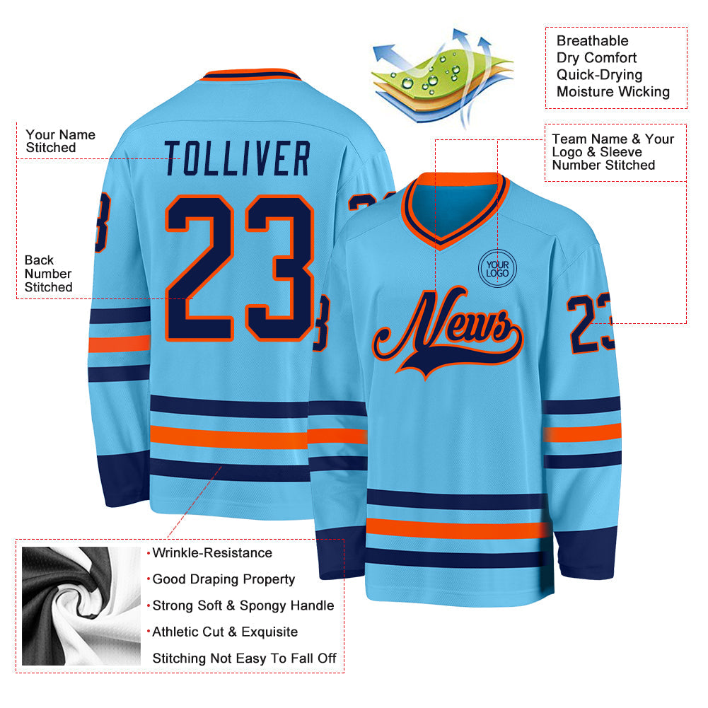 Custom Sky Blue Navy-Orange Hockey Jersey view 3