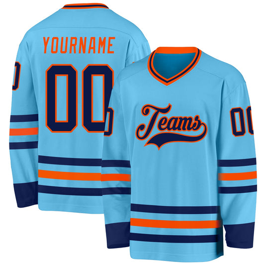 Custom Sky Blue Navy-Orange Hockey Jersey - Main View