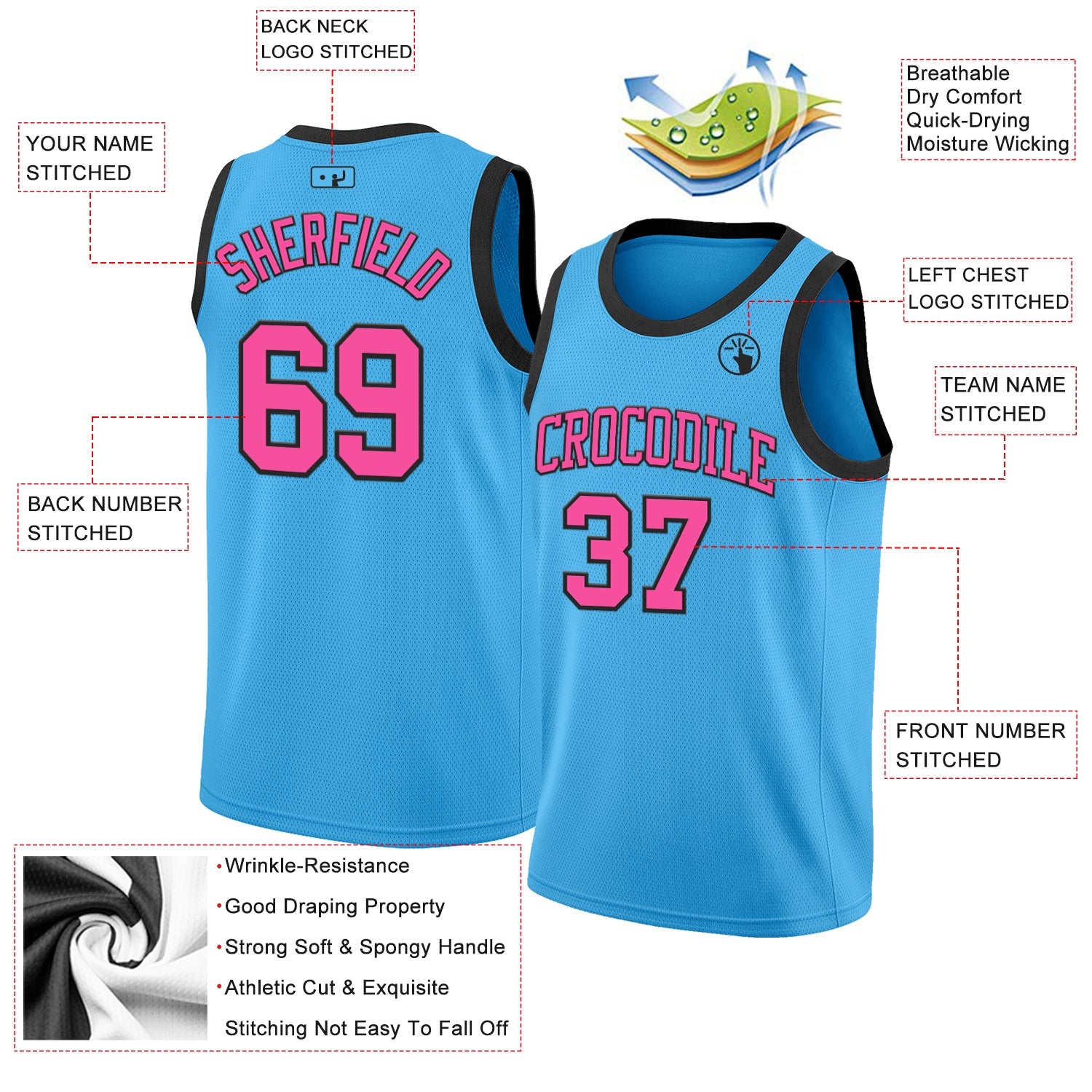 Custom Sky Blue Pink-Black Authentic Basketball Jersey view 2