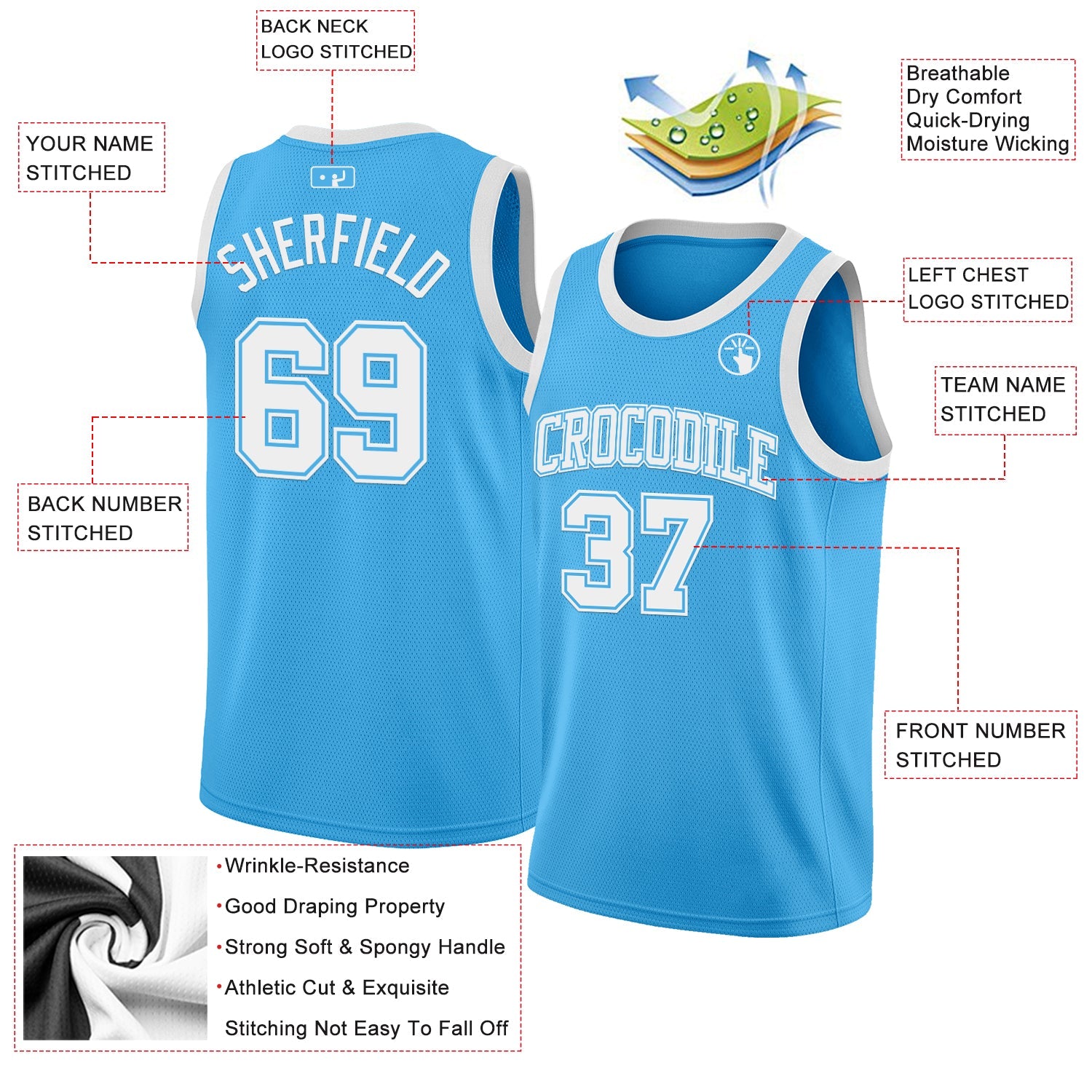 Custom Sky Blue White Authentic Basketball Jersey view 2