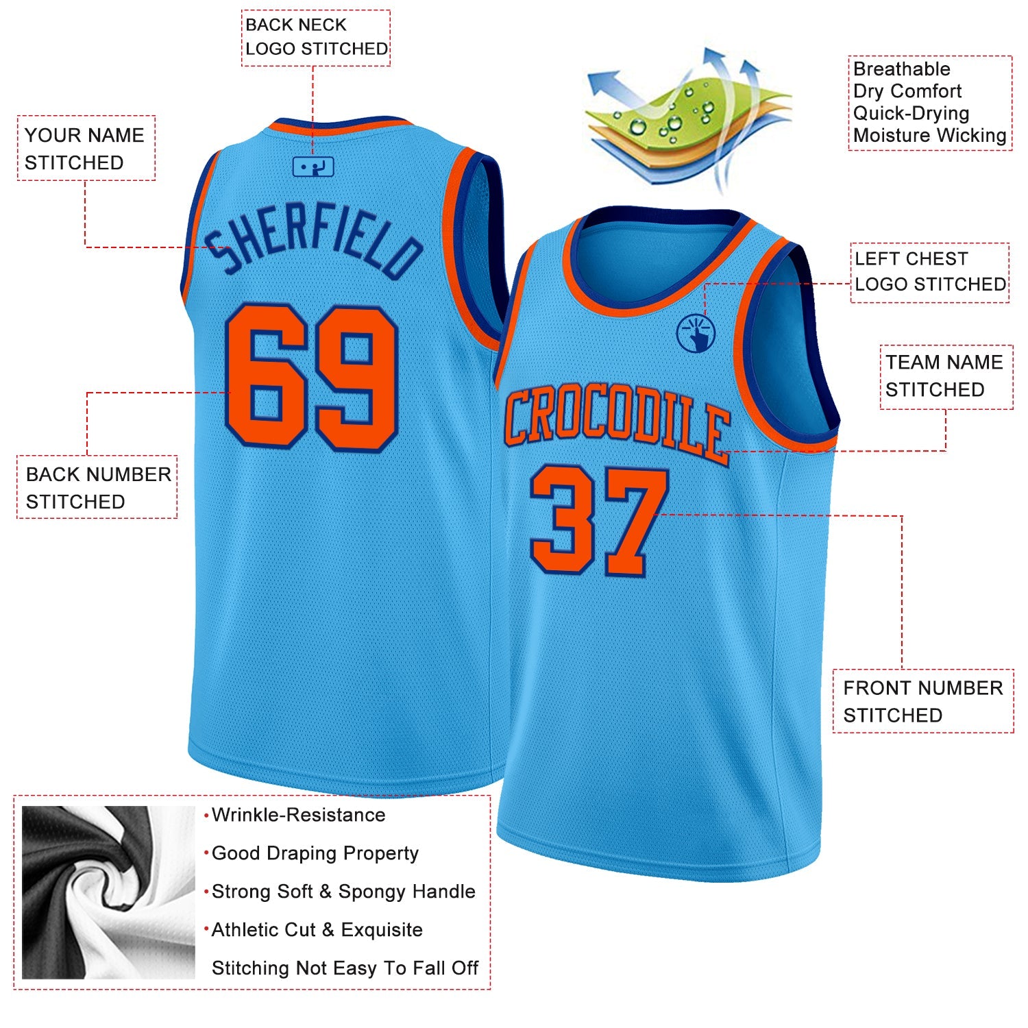 Custom Sky Blue Orange-Royal Authentic Basketball Jersey view 2