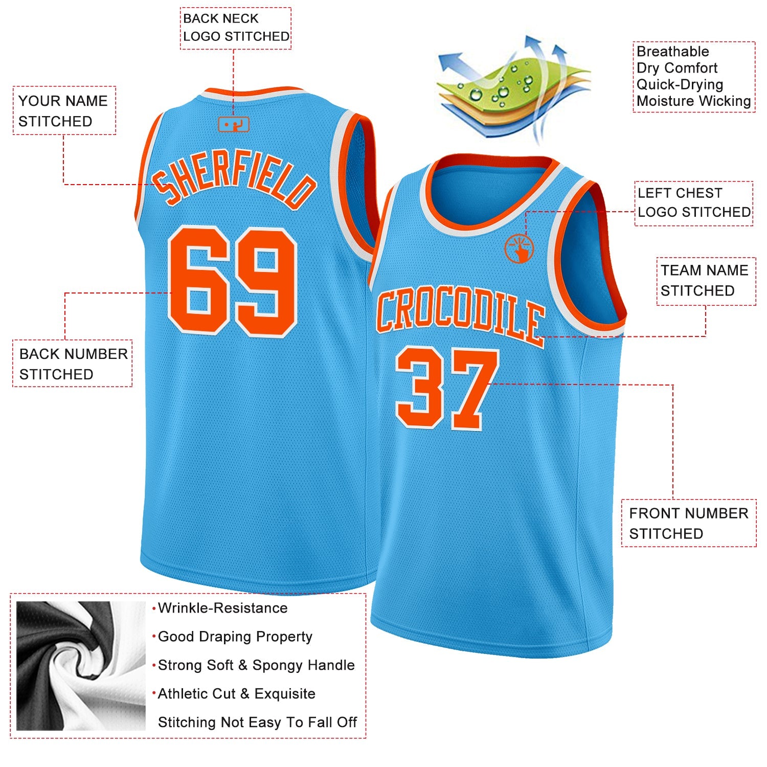 Custom Sky Blue Orange-White Authentic Basketball Jersey view 2