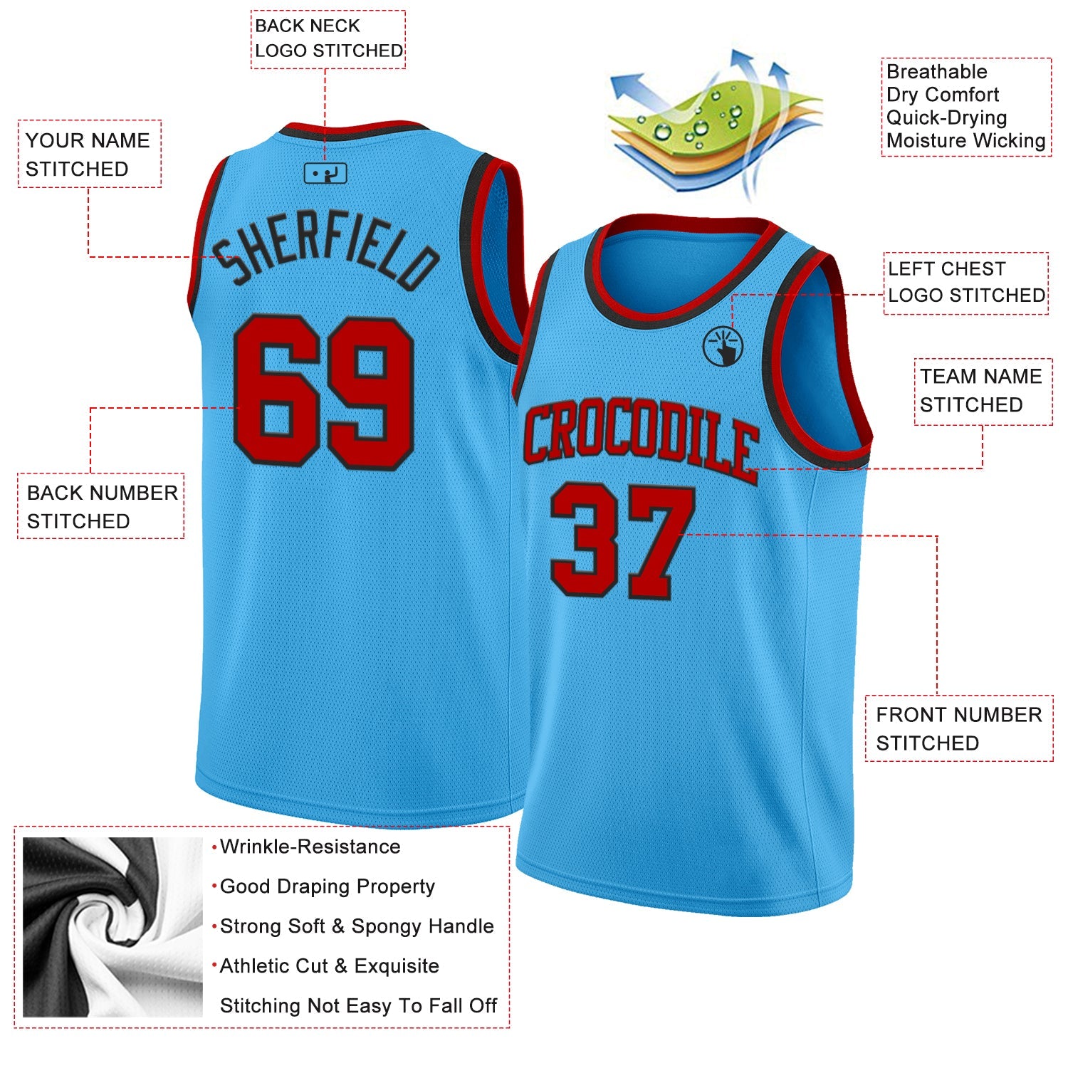 Custom Sky Blue Red-Black Authentic Basketball Jersey view 2