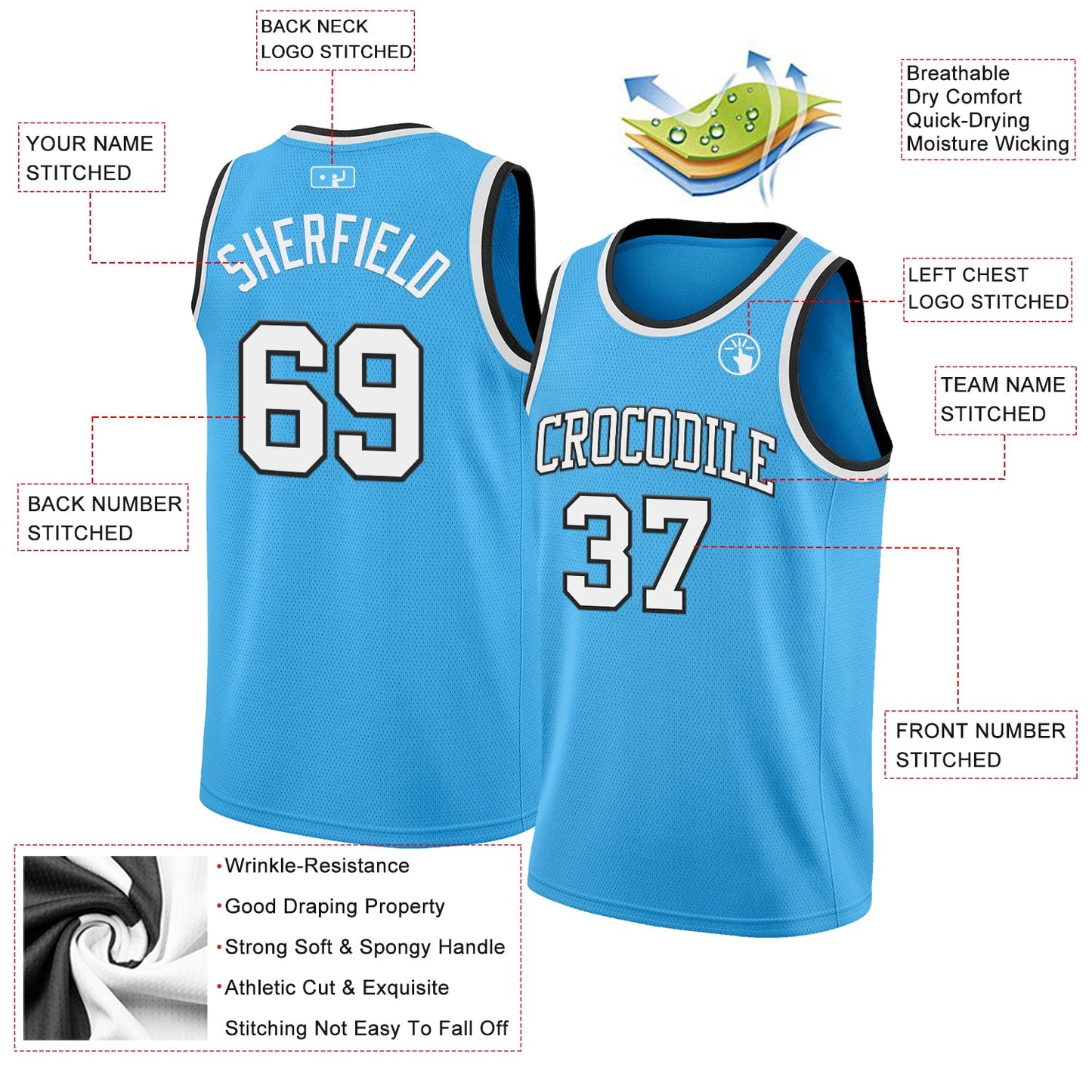 Custom Sky Blue White-Black Authentic Basketball Jersey view 2