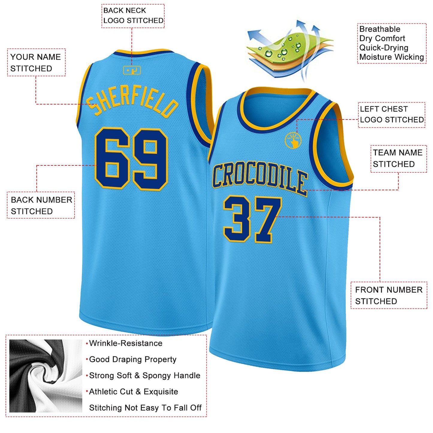 Custom Sky Blue Royal-Gold Authentic Basketball Jersey view 2