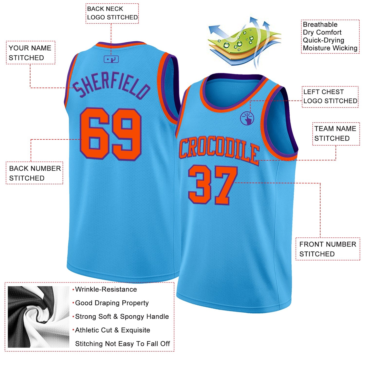 Custom Sky Blue Orange-Purple Authentic Basketball Jersey view 2