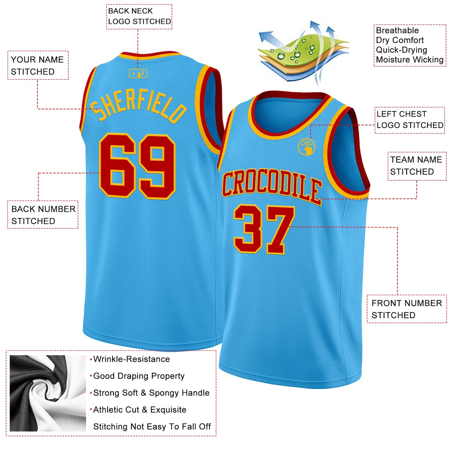 Custom Sky Blue Red-Gold Authentic Basketball Jersey view 2