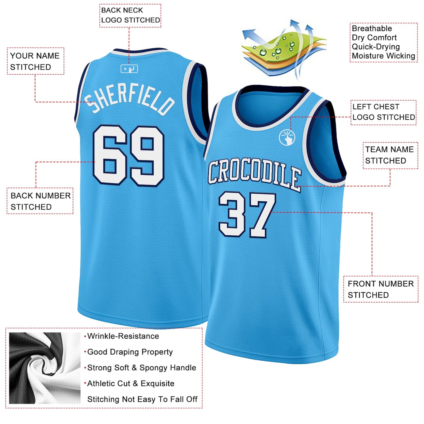 Custom Sky Blue White-Navy Authentic Basketball Jersey view 2