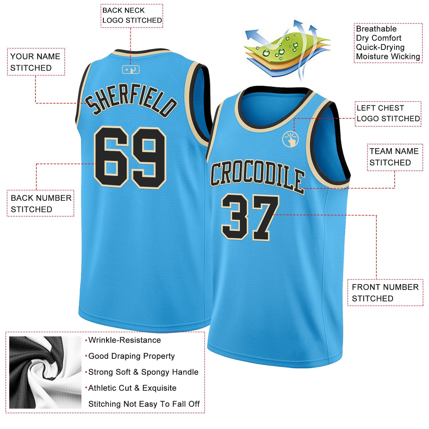 Custom Sky Blue Black-Cream Authentic Basketball Jersey view 2