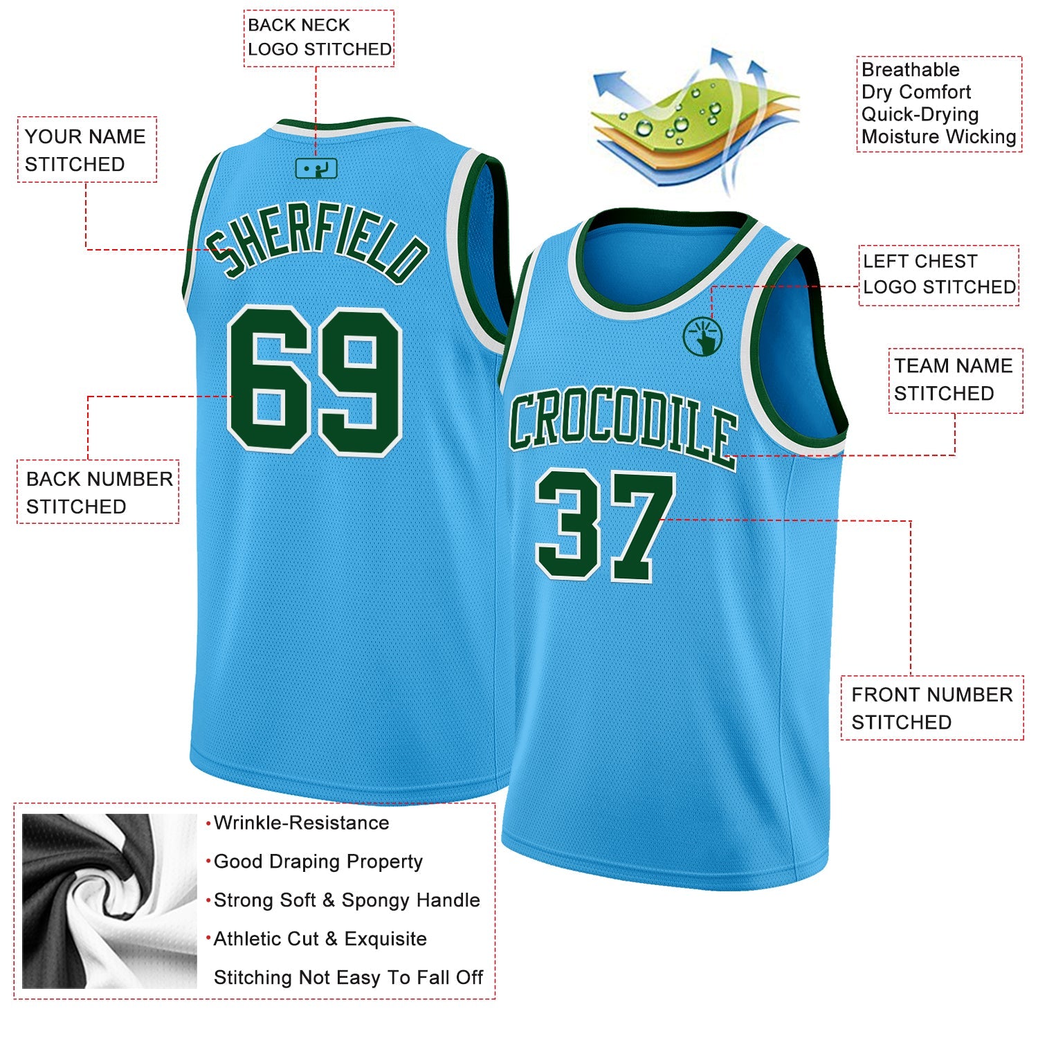 Custom Sky Blue Green-White Authentic Basketball Jersey view 2