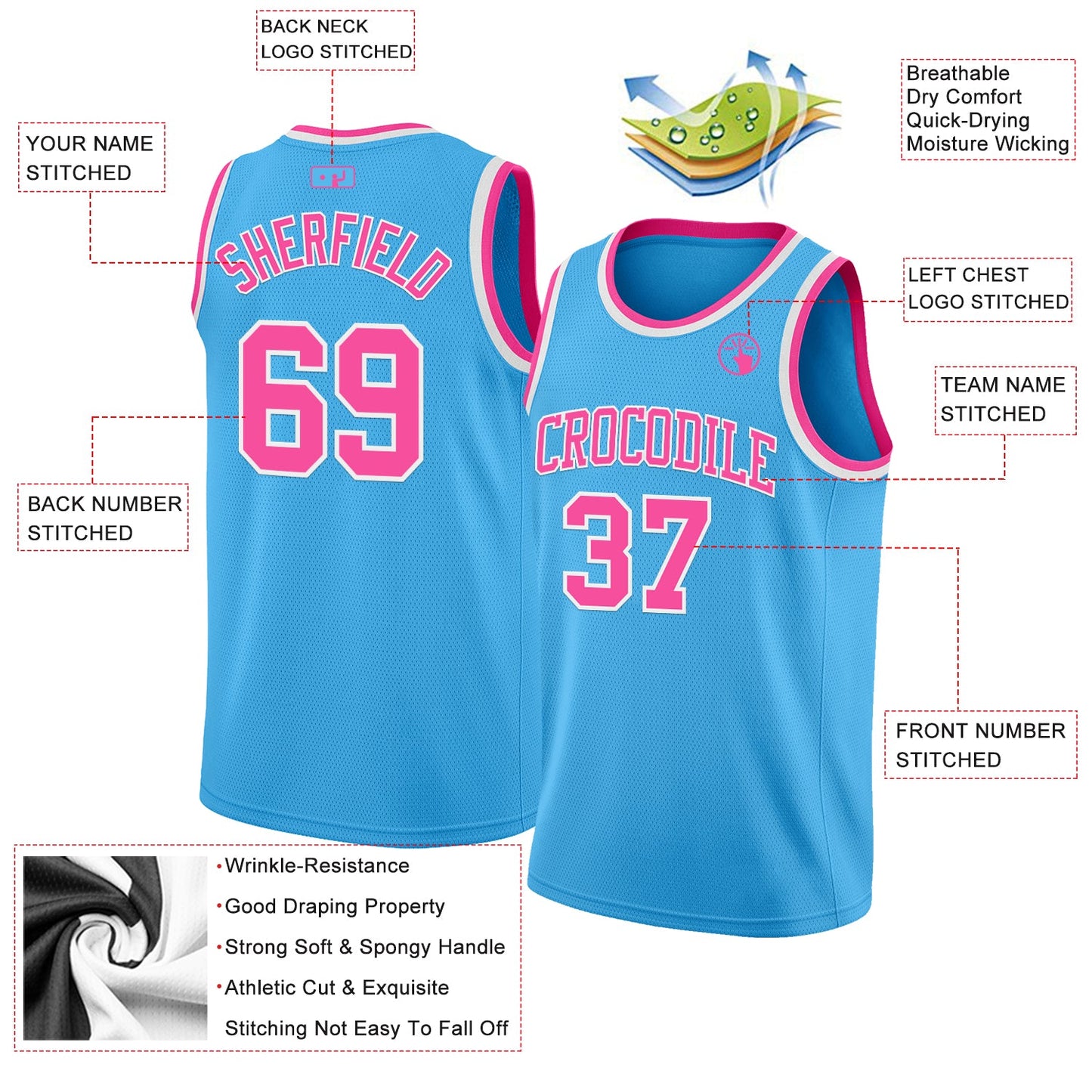 Custom Sky Blue Pink-White Authentic Basketball Jersey view 2