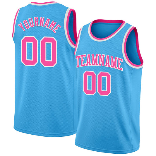 Custom Sky Blue Pink-White Authentic Basketball Jersey - Main View