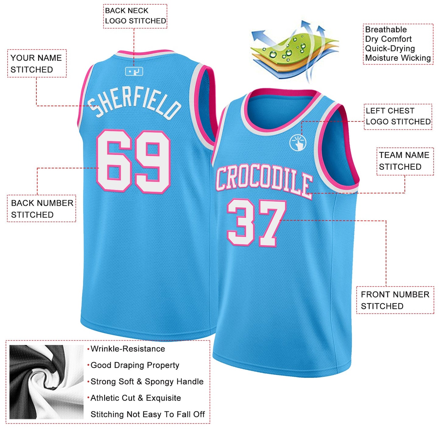Custom Sky Blue White-Pink Authentic Basketball Jersey view 2
