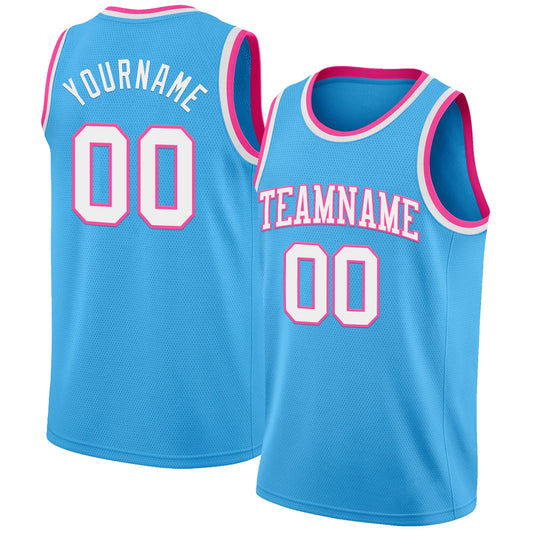 Custom Sky Blue White-Pink Authentic Basketball Jersey - Main View