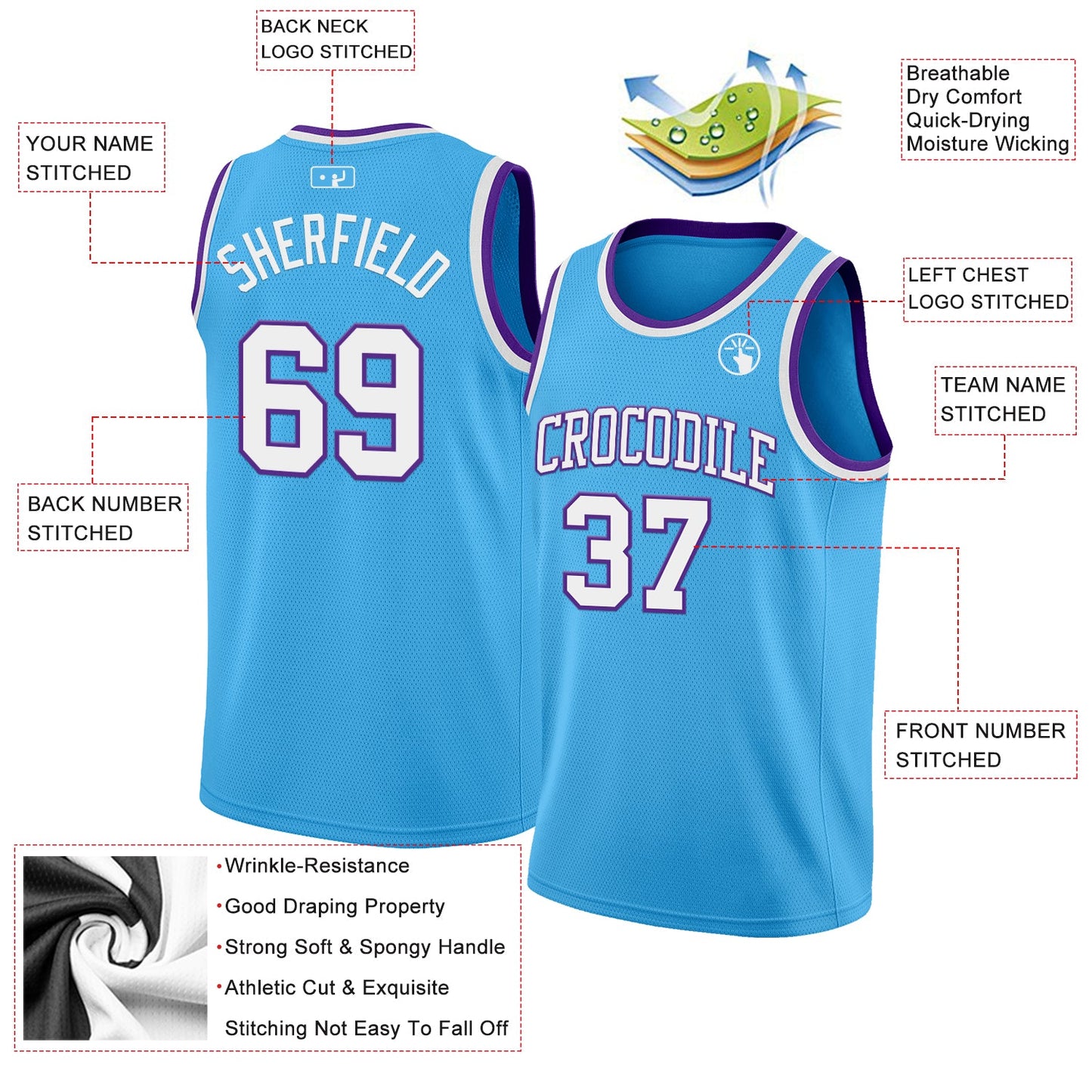 Custom Sky Blue White-Purple Authentic Basketball Jersey view 2