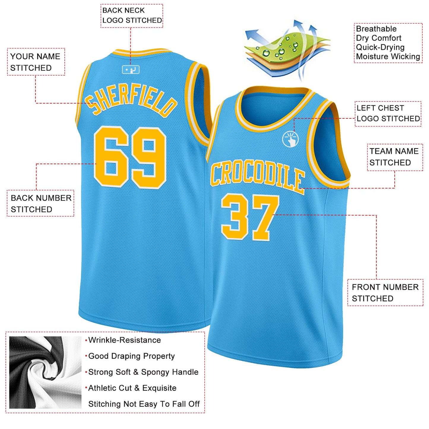 Custom Sky Blue Gold-White Authentic Basketball Jersey view 2