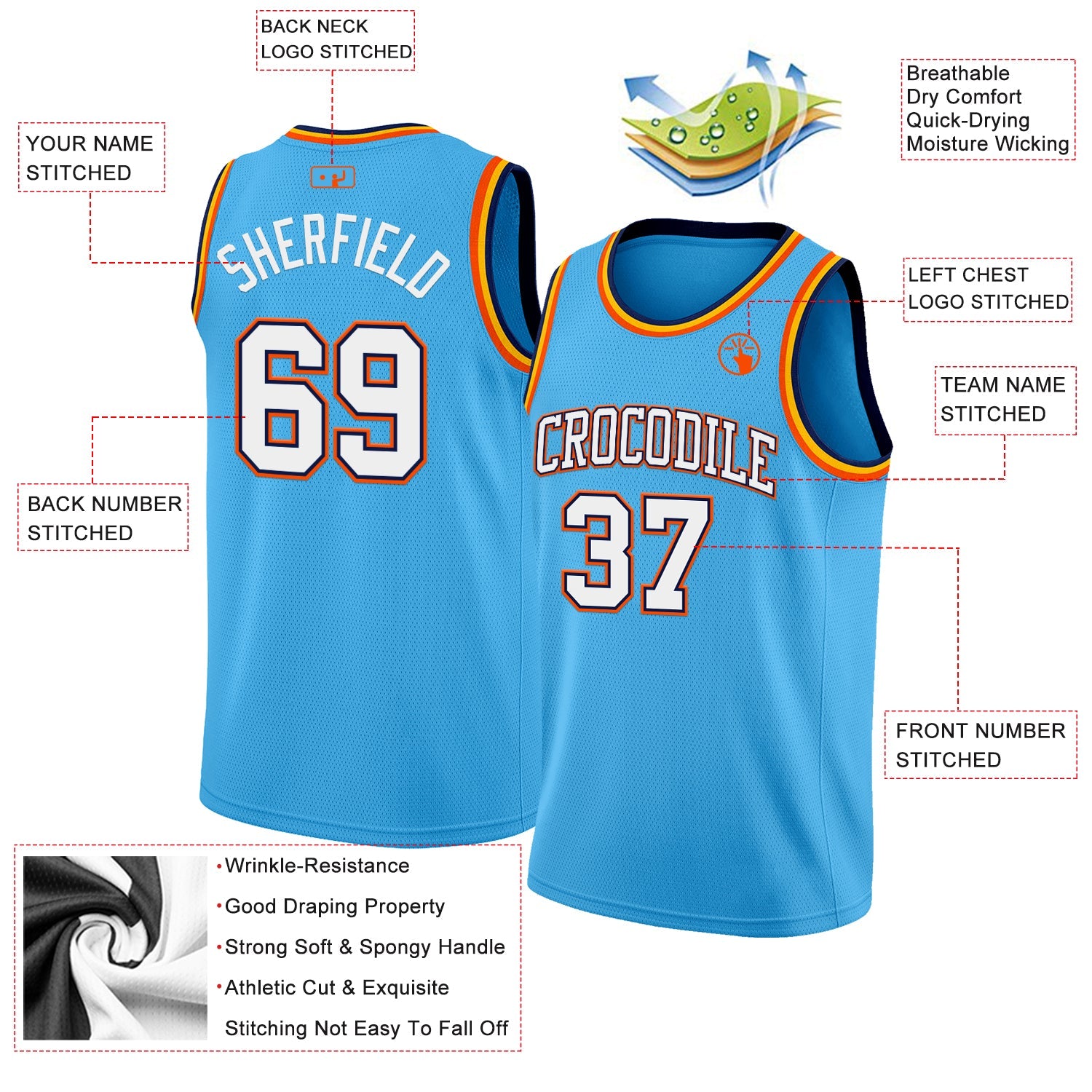 Custom Sky Blue White Navy-Orange Authentic Basketball Jersey view 2