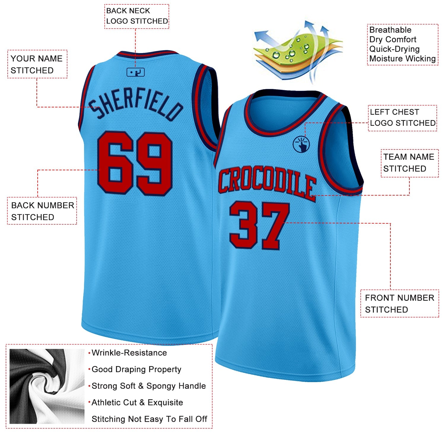 Custom Sky Blue Red-Navy Authentic Basketball Jersey view 2