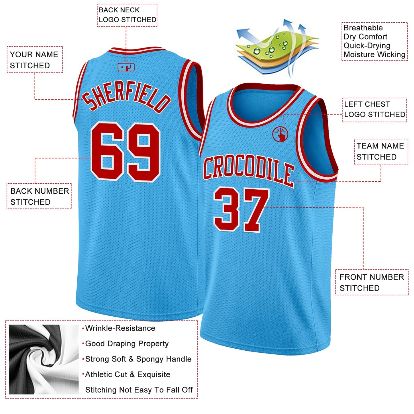 Custom Sky Blue Red-White Authentic Basketball Jersey view 2