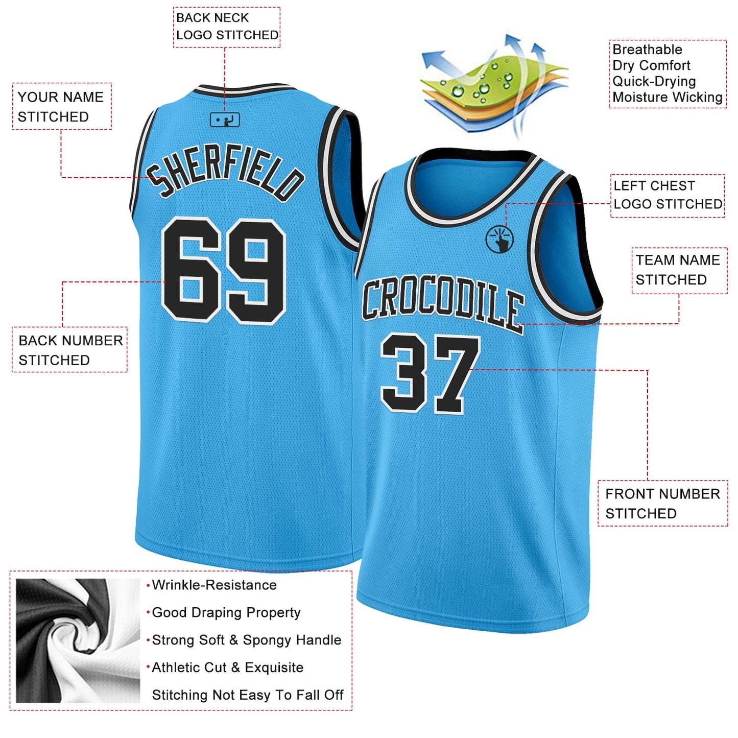 Custom Sky Blue Black-White Authentic Basketball Jersey view 2