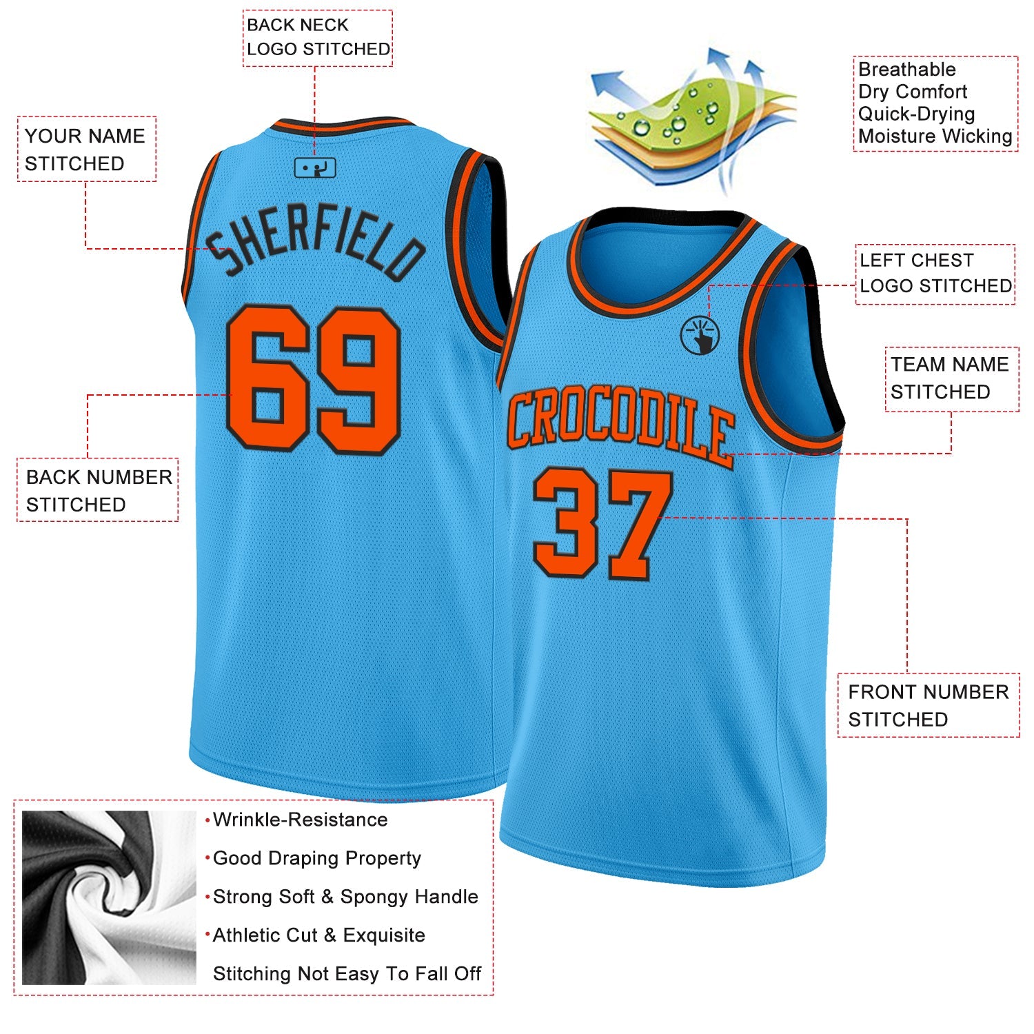 Custom Sky Blue Orange-Black Authentic Basketball Jersey view 2