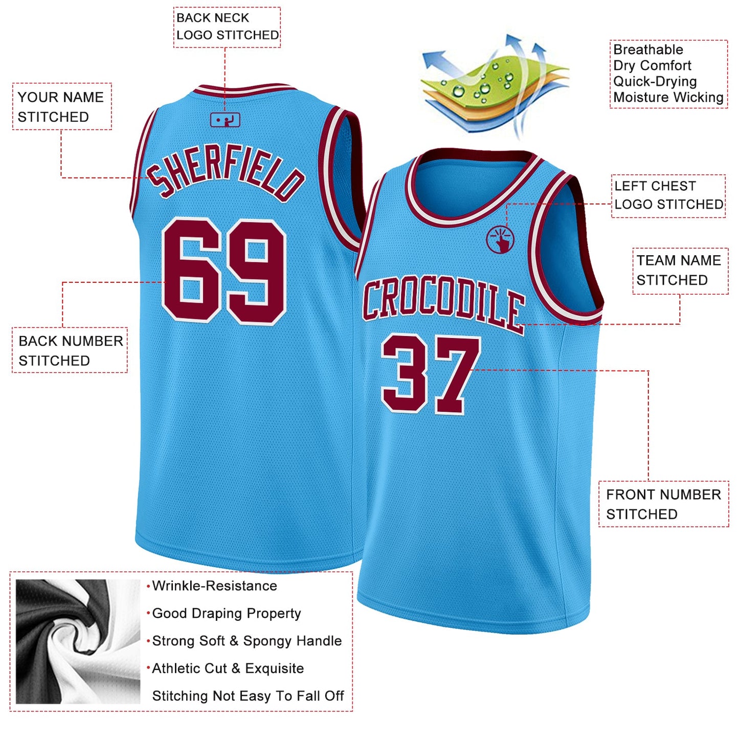 Custom Sky Blue Maroon-White Authentic Basketball Jersey view 2