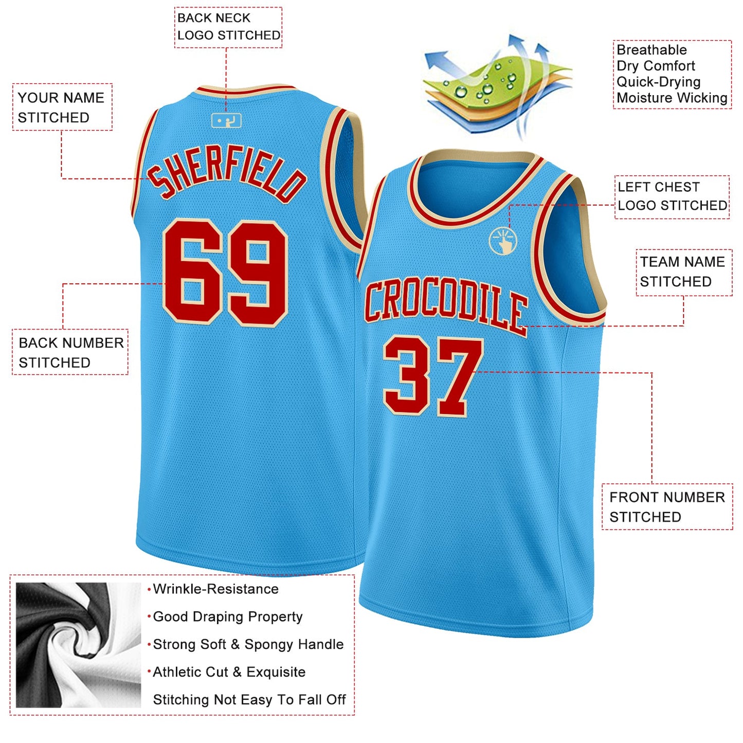 Custom Sky Blue Red-Cream Authentic Basketball Jersey view 2