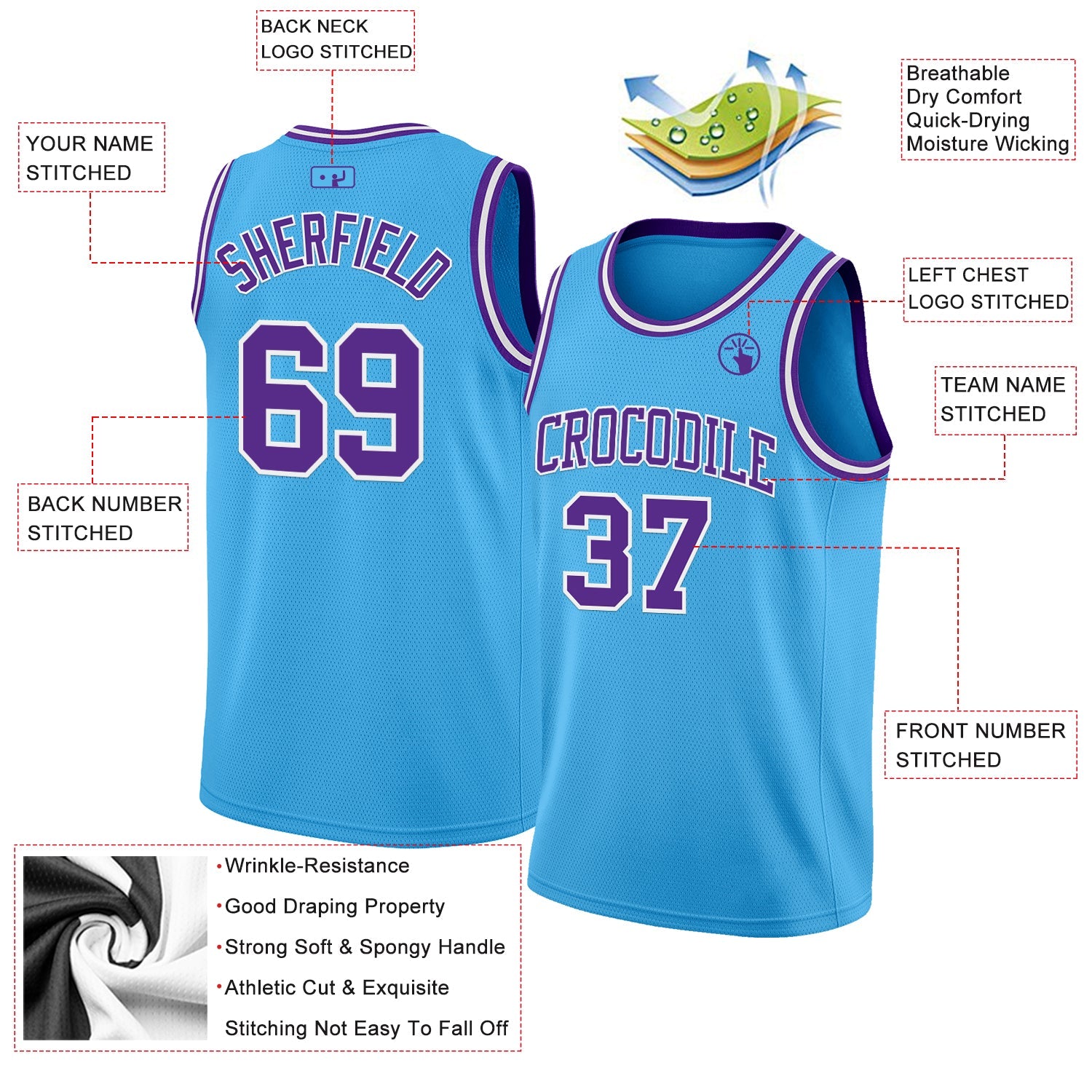 Custom Sky Blue Purple-White Authentic Basketball Jersey view 2