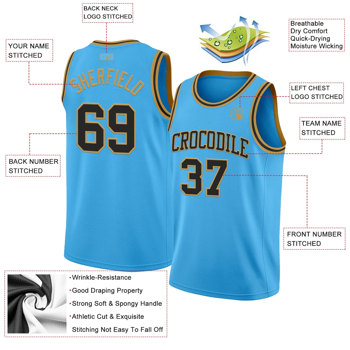 Custom Sky Blue Black-Old Gold Authentic Basketball Jersey view 2