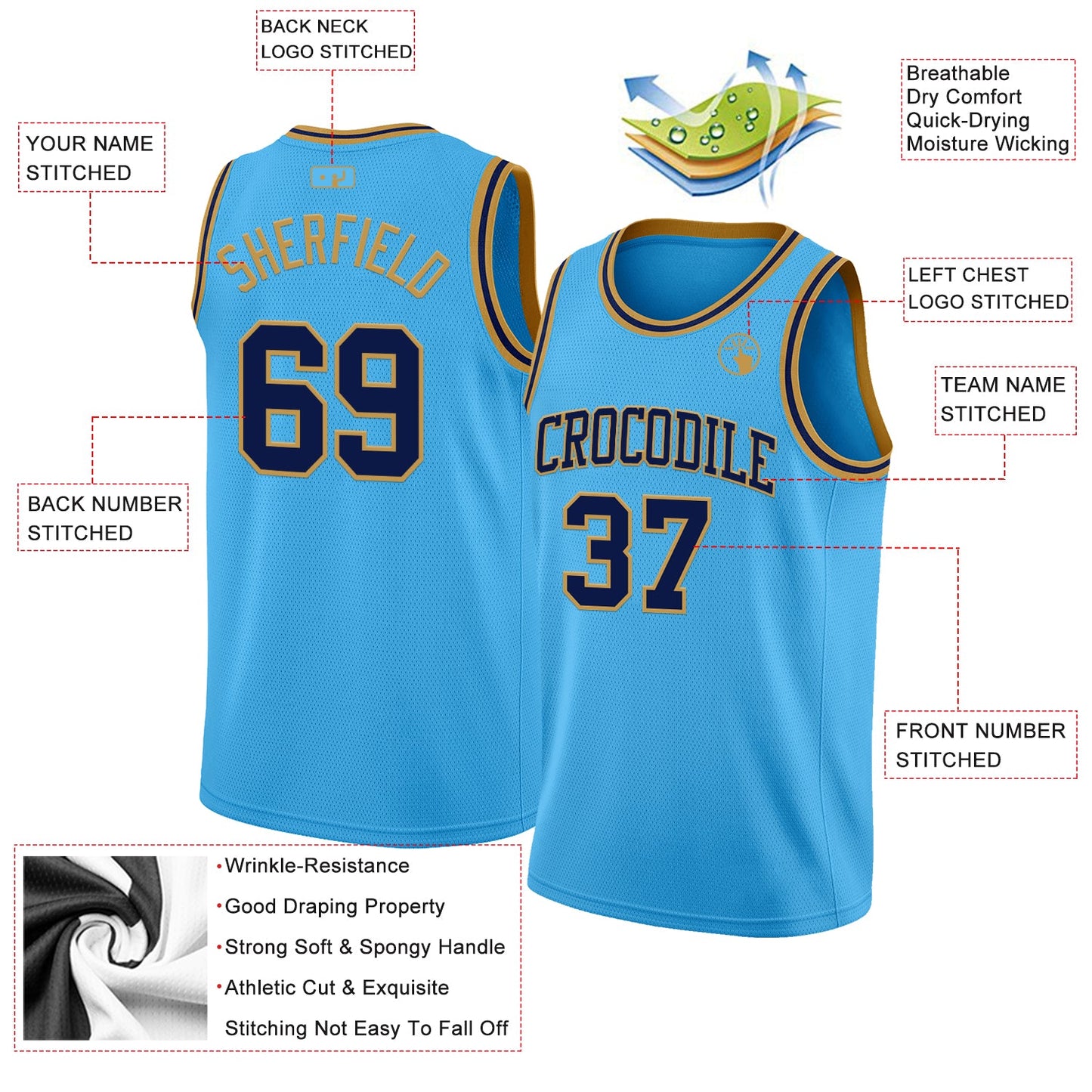 Custom Sky Blue Navy-Old Gold Authentic Basketball Jersey view 2