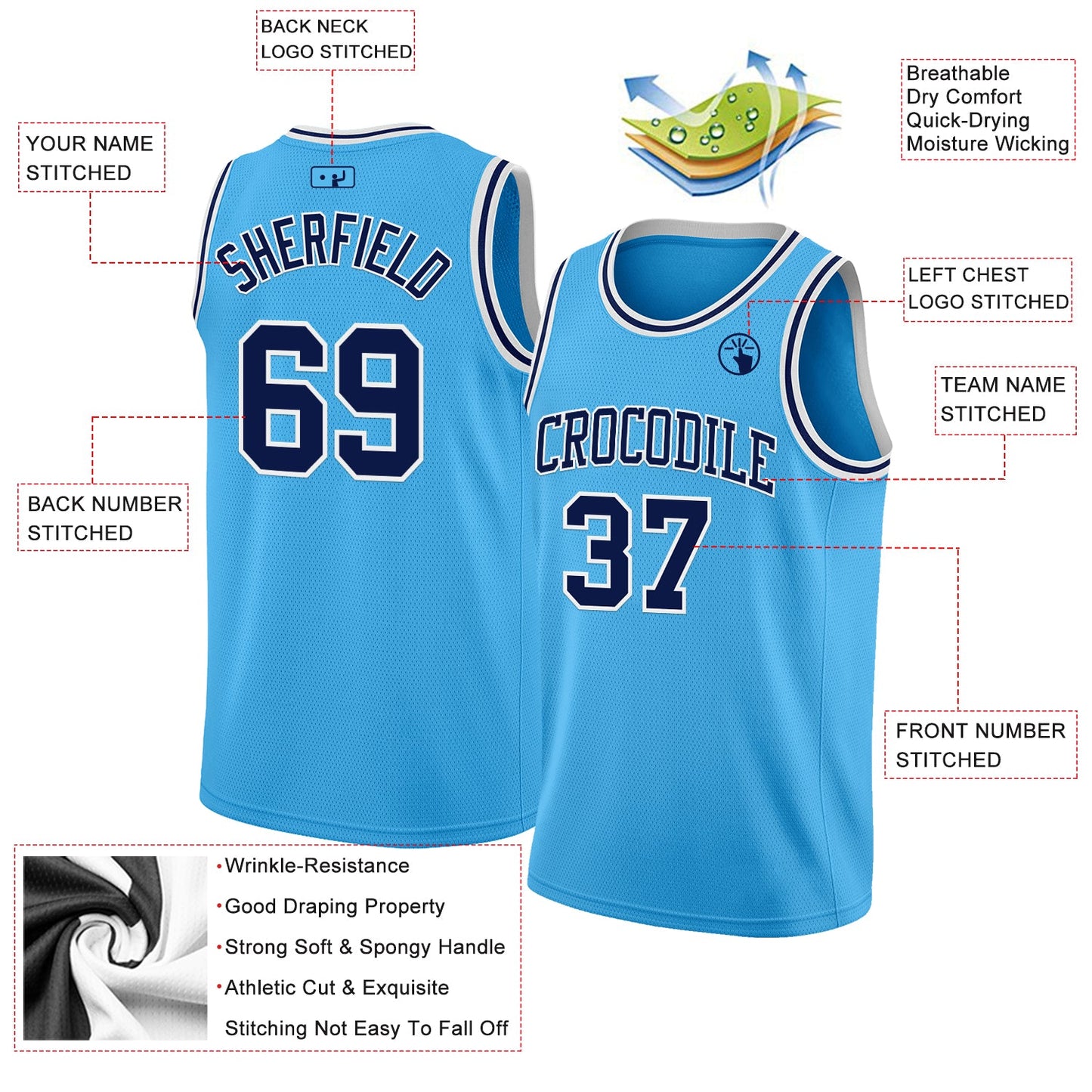 Custom Sky Blue Navy-White Authentic Basketball Jersey view 2