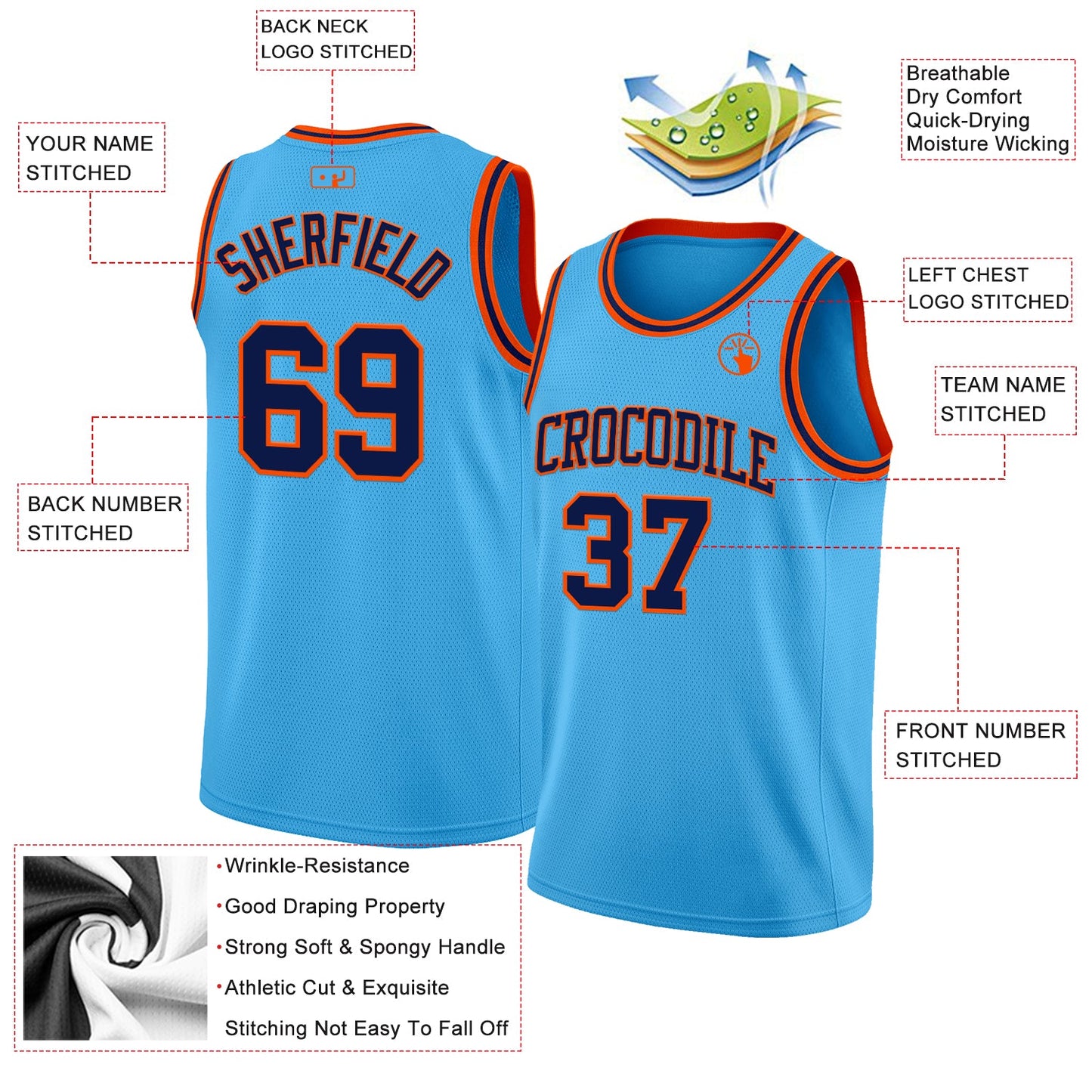 Custom Sky Blue Navy-Orange Authentic Basketball Jersey view 2
