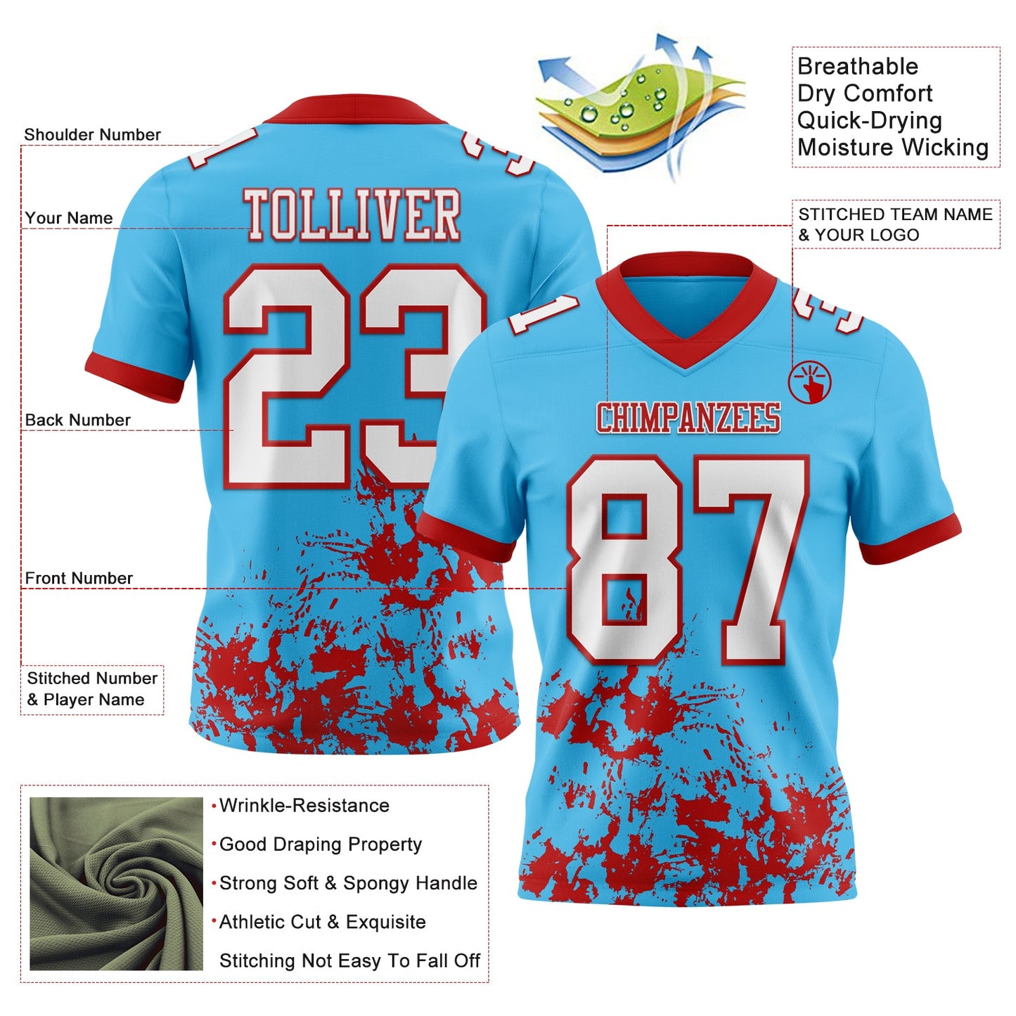 Custom Sky Blue White-Red 3D Pattern Splash Authentic Football Jersey view 3